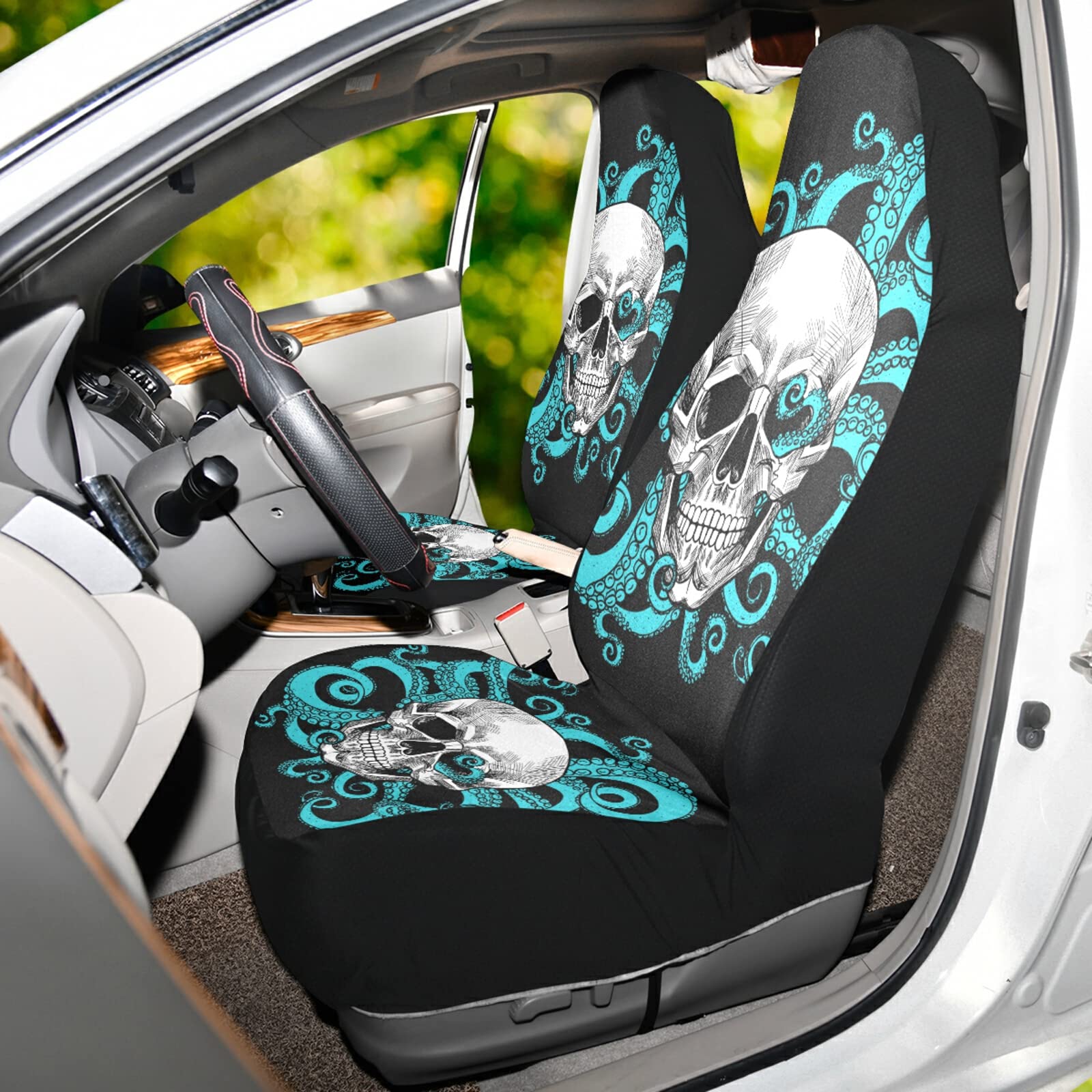 ALAZA Octopus Skull Car Seat Covers - 2-Piece Set for Front Seats with Organizer Pocket | Universal Fit for Cars, SUVs, Trucks & Sedans | Unique Gothic Design for Men & Women | Perfect for Halloween, Car Enthusiasts & Alternative Style Lovers