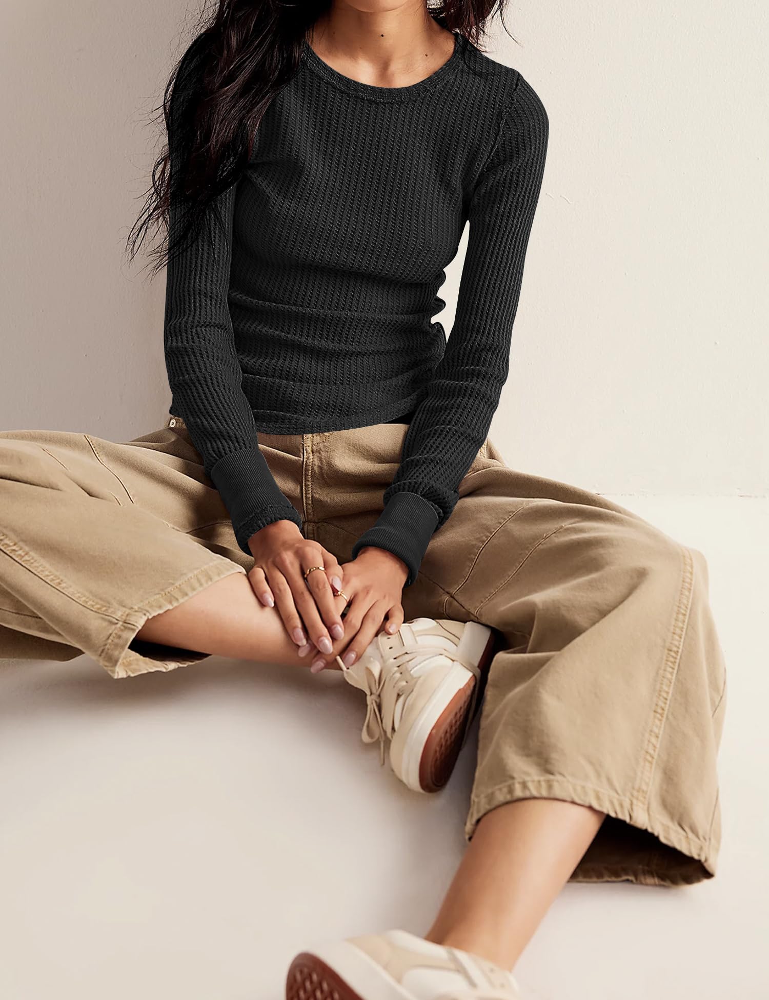 Women's Waffle Knit Long Sleeve Tops - Slim Fit Crew Neck Pullover Shirt for Casual Wear | Perfect for Fall & Winter Layering, Office & Weekend Outfits