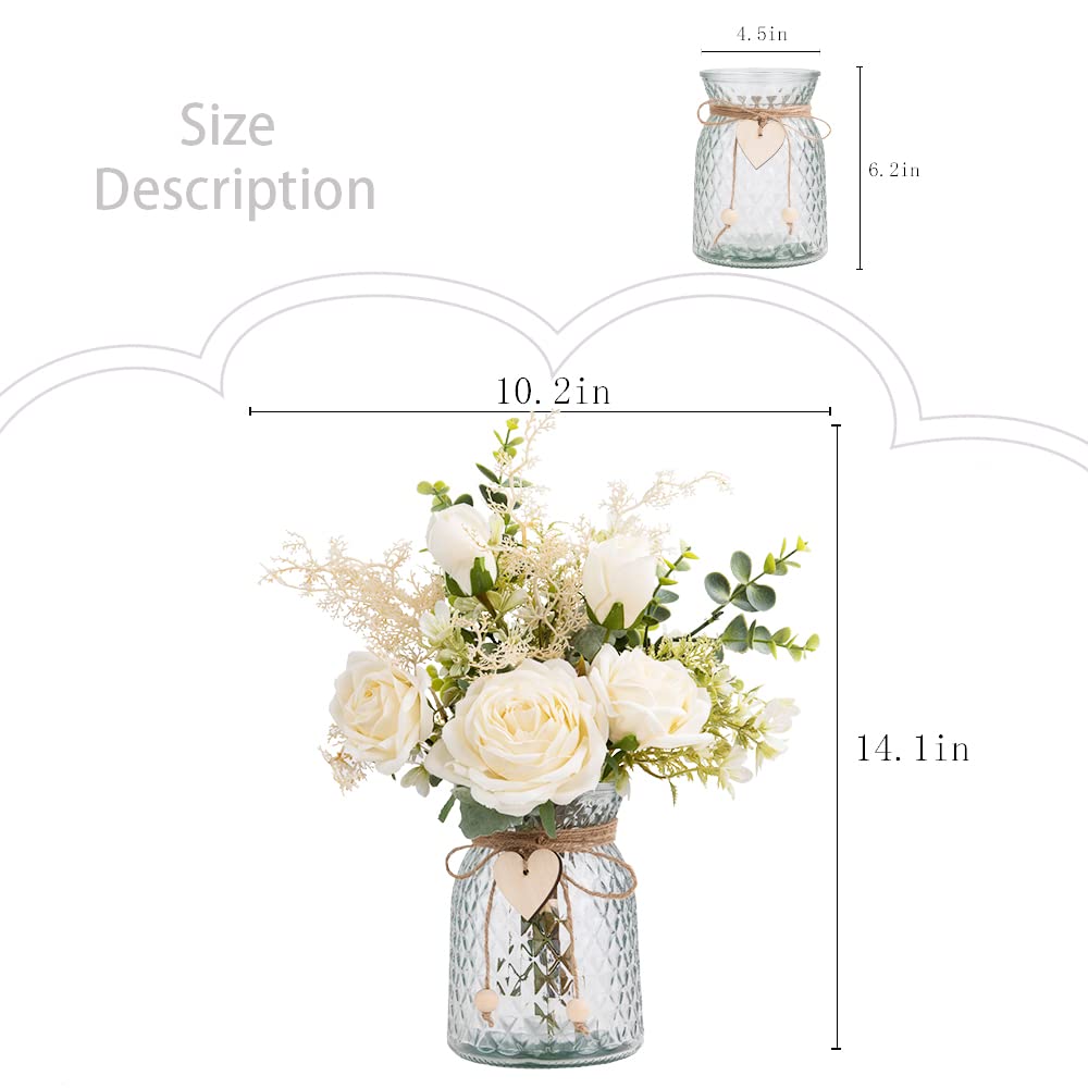 Silk Rose Flowers in Glass Vase - Artificial White Rose Floral Arrangement for Home Decor, Wedding Centerpiece & Table Decoration | Elegant Fake Roses for Living Room, Dining Table & Office Desk