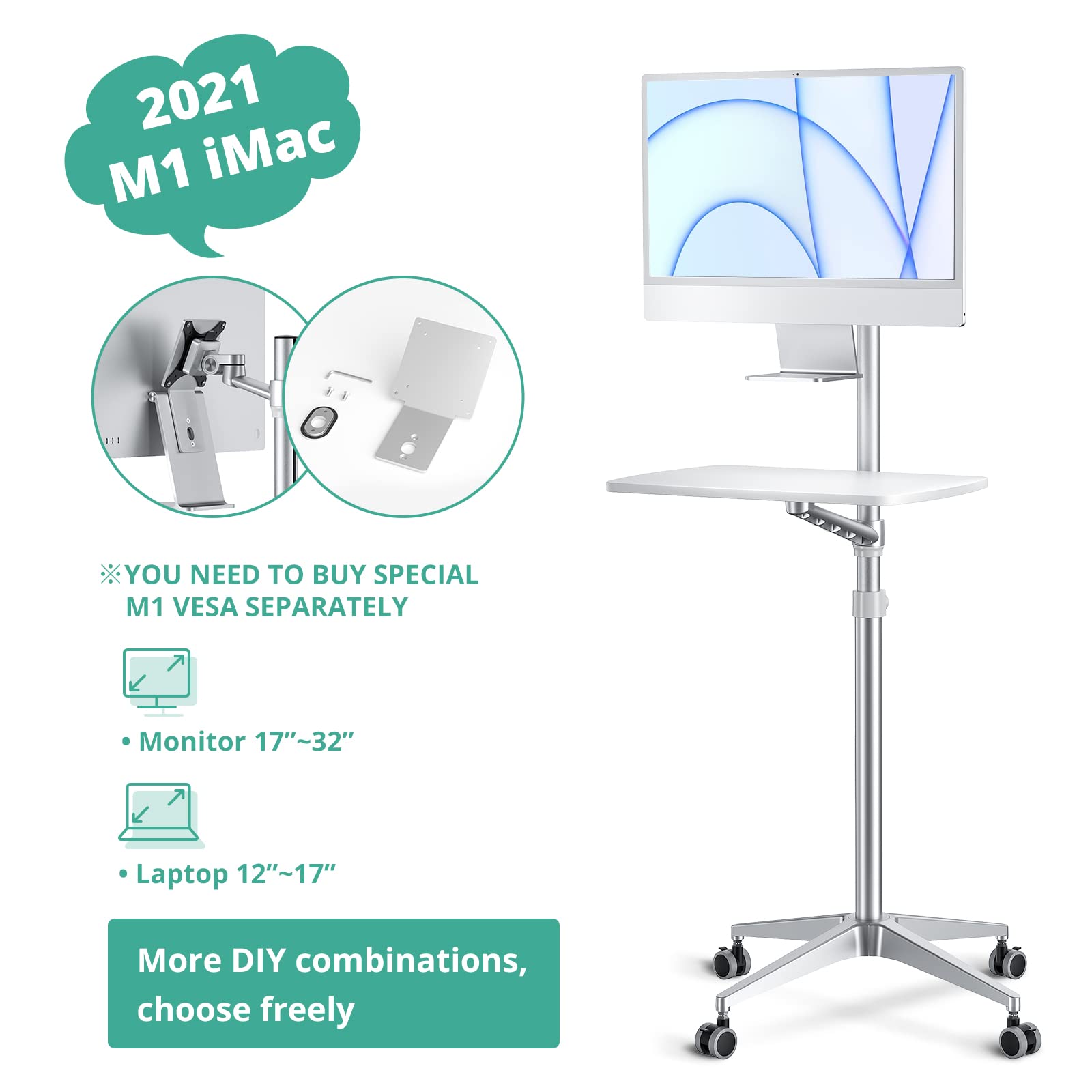 Viozon Adjustable Mobile Desk & Rolling Workstation - 34