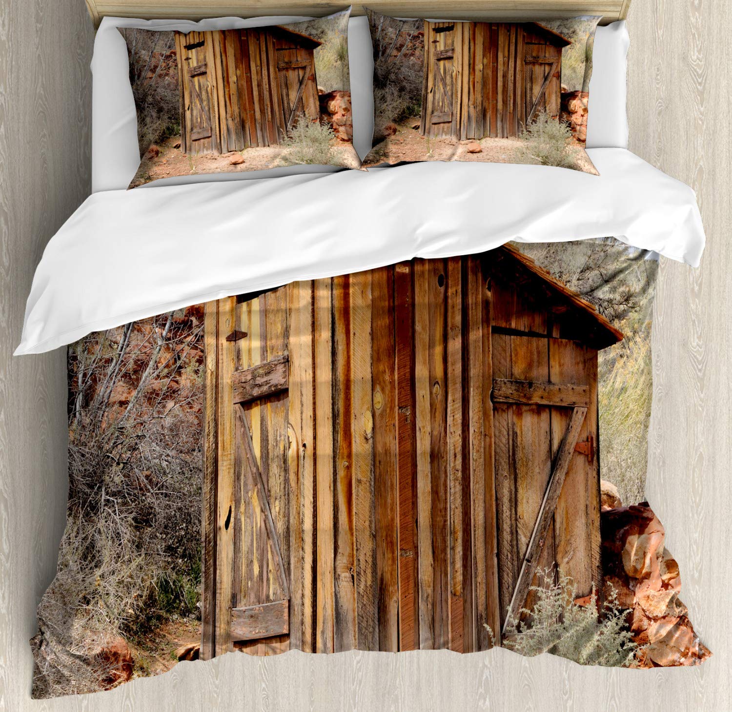 Ambesonne Outhouse Duvet Cover Set - Vintage Wooden Shed & Olive Trees Design, 3-Piece Bedding Set with 2 Pillow Shams, California King Size, Dark Green Caramel - Perfect for Rustic Farmhouse & Countryside Bedroom Decor