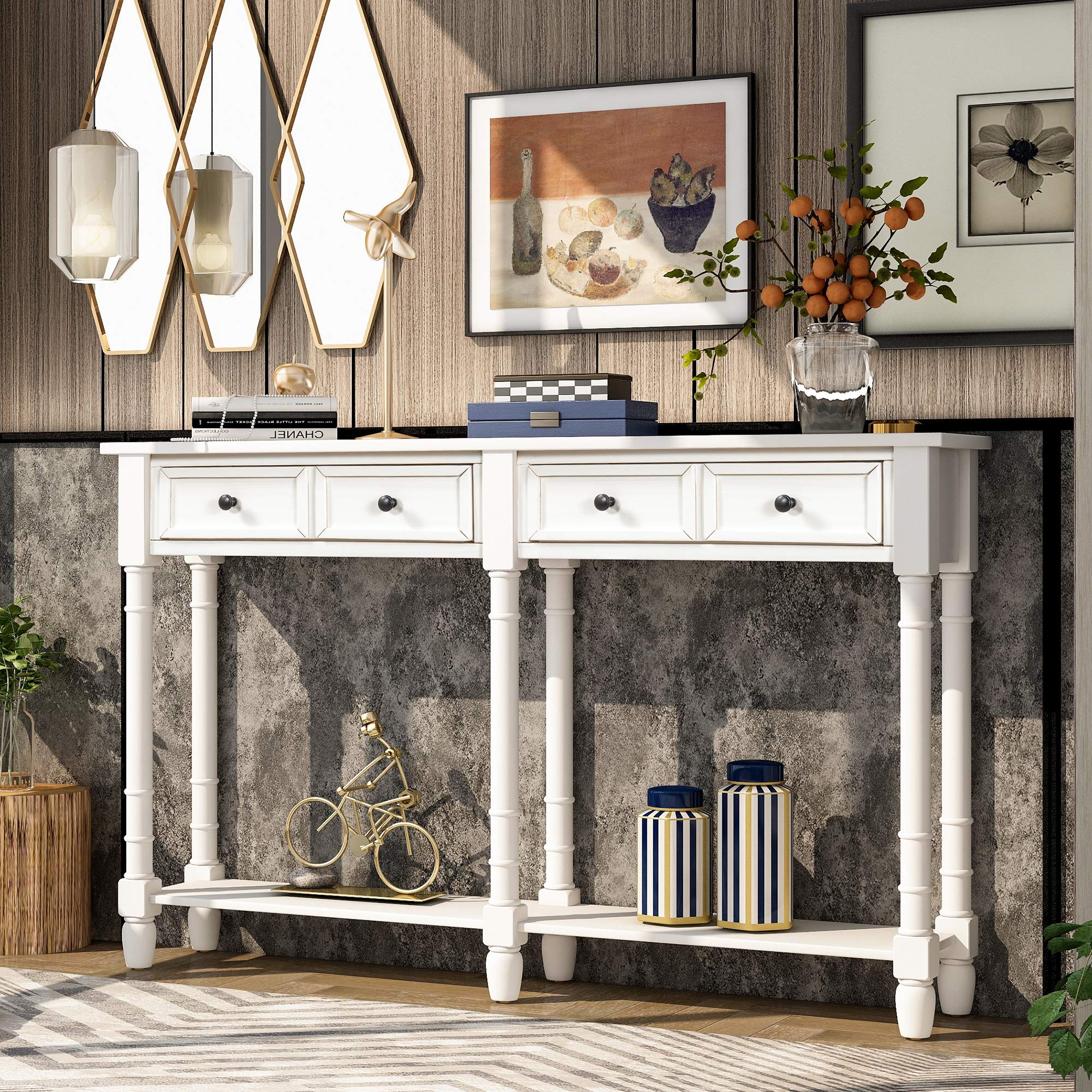 HOUAGI Ivory Console Table with 2 Storage Drawers & Bottom Shelf - Entryway Sofa Table for Living Room, Hallway - Easy Assembly Home Decor Furniture for Small Spaces