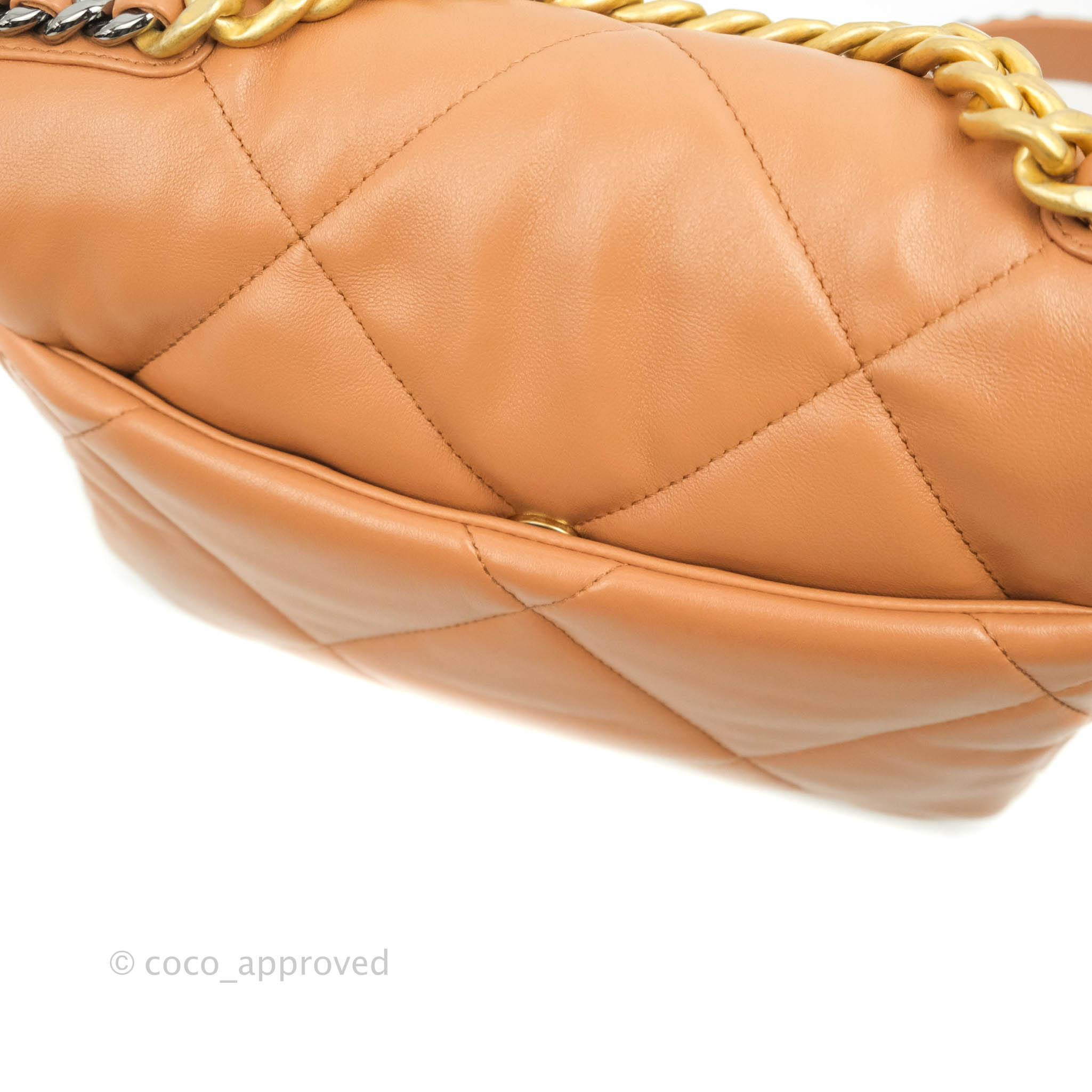 Chanel 19 Small Handbag in Caramel Dark Beige Lambskin Leather with Mixed Hardware 21K Collection - Perfect for Everyday Luxury & Special Occasions