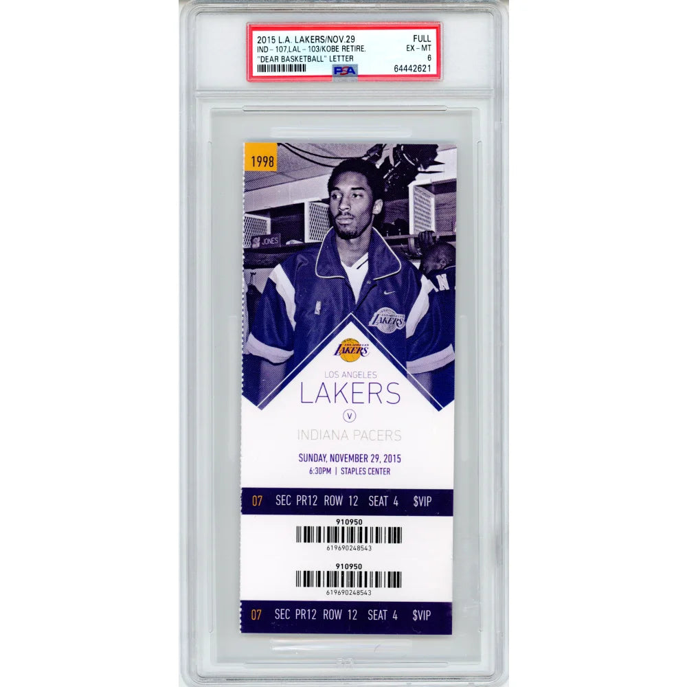 Kobe Bryant Dear Basketball Retirement Authentic Ticket 11/29/15 PSA 6 Lakers - Perfect for NBA Memorabilia Collection & Sports Fan Gift