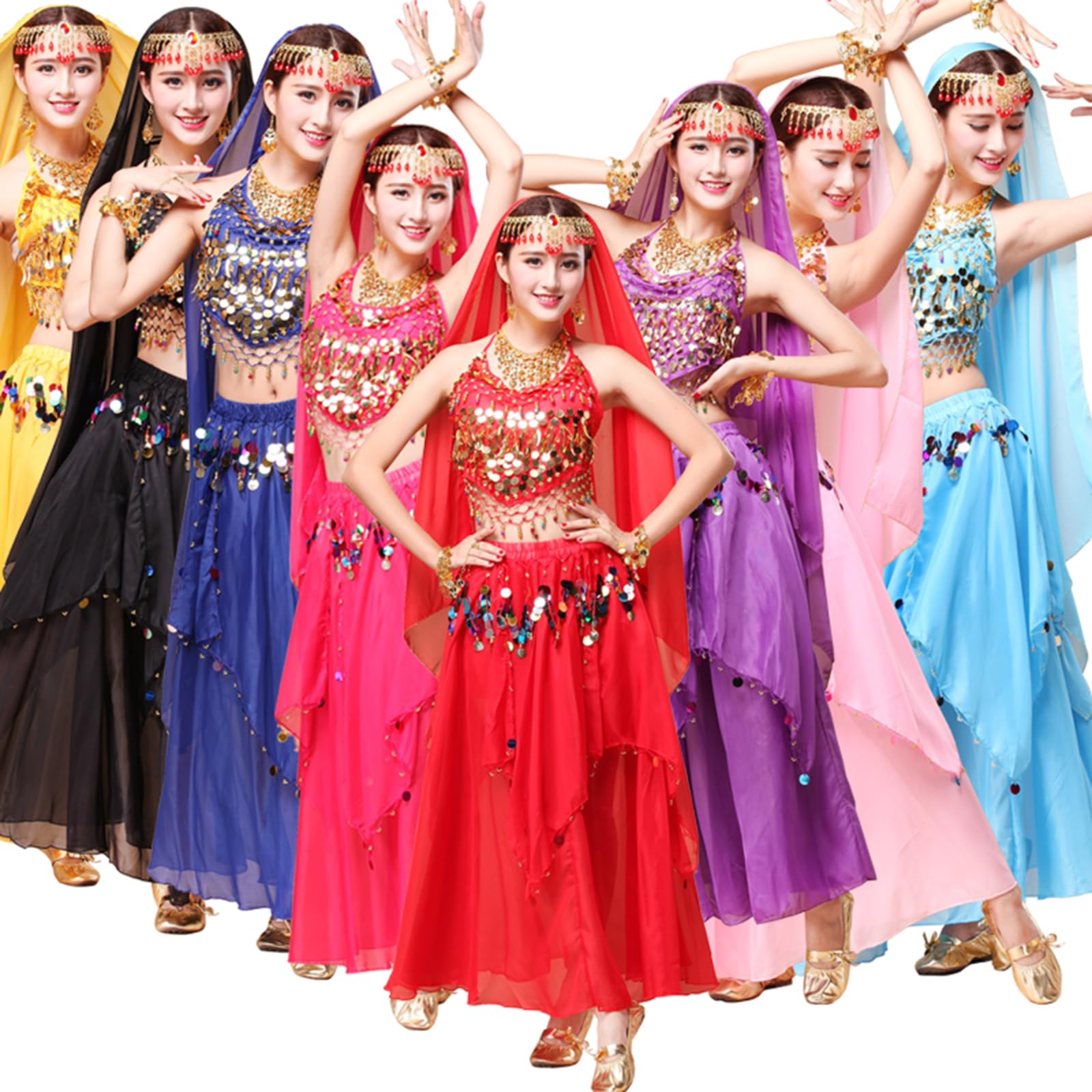 Women's Belly Dance Costume - Sequin Crop Top & Chiffon Skirt Set for Halloween, Party, and Performance | Elegant & Comfortable Outfit for Dance Shows, Cosplay, and Festive Events