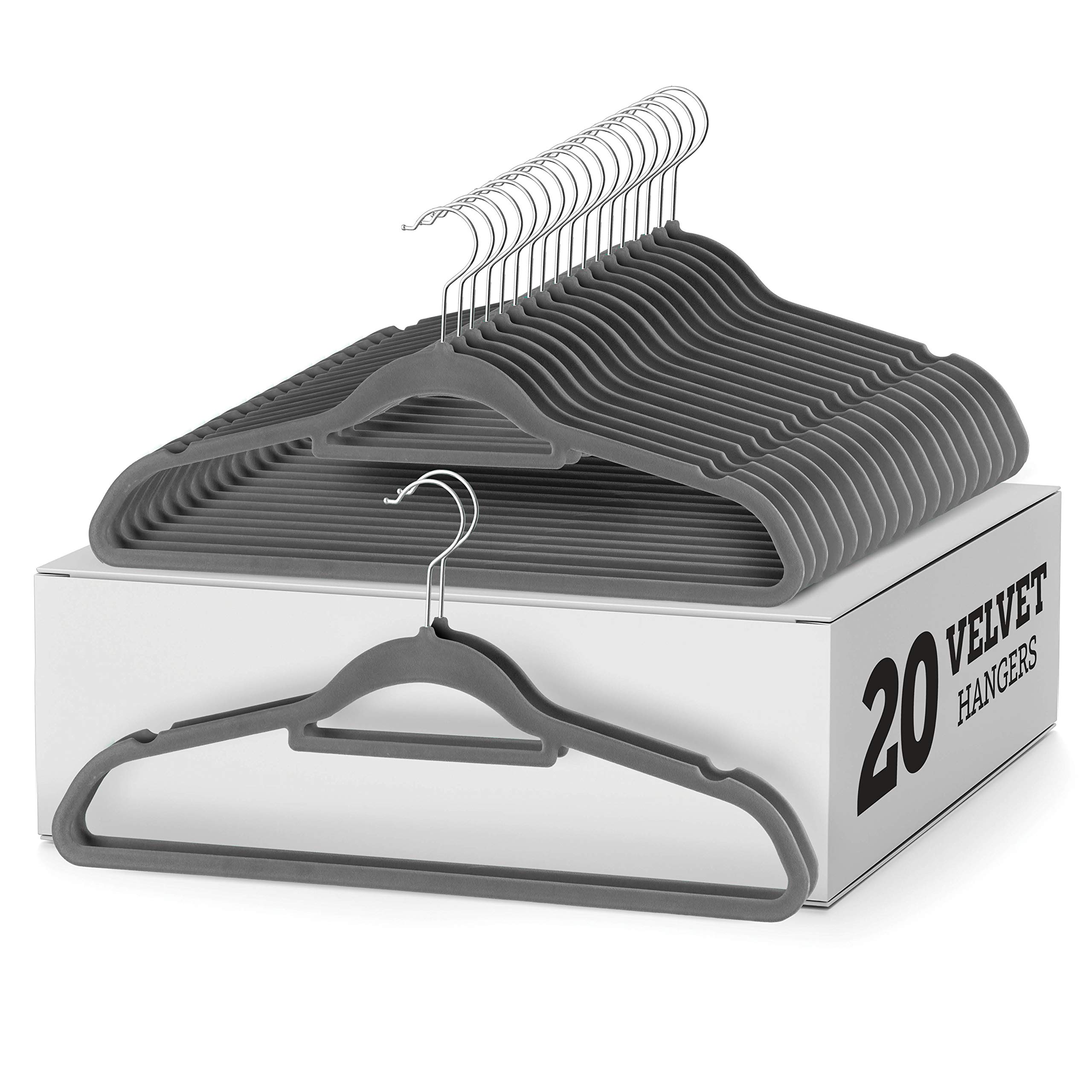 Zober Velvet Hangers 20 Pack - Non-Slip Swivel Hook Slim Felt Clothes Hangers with Tie Bar for Suits, Pants & Coats - Space Saving Gray Hangers - Perfect for Closet Organization & Wardrobe Storage
