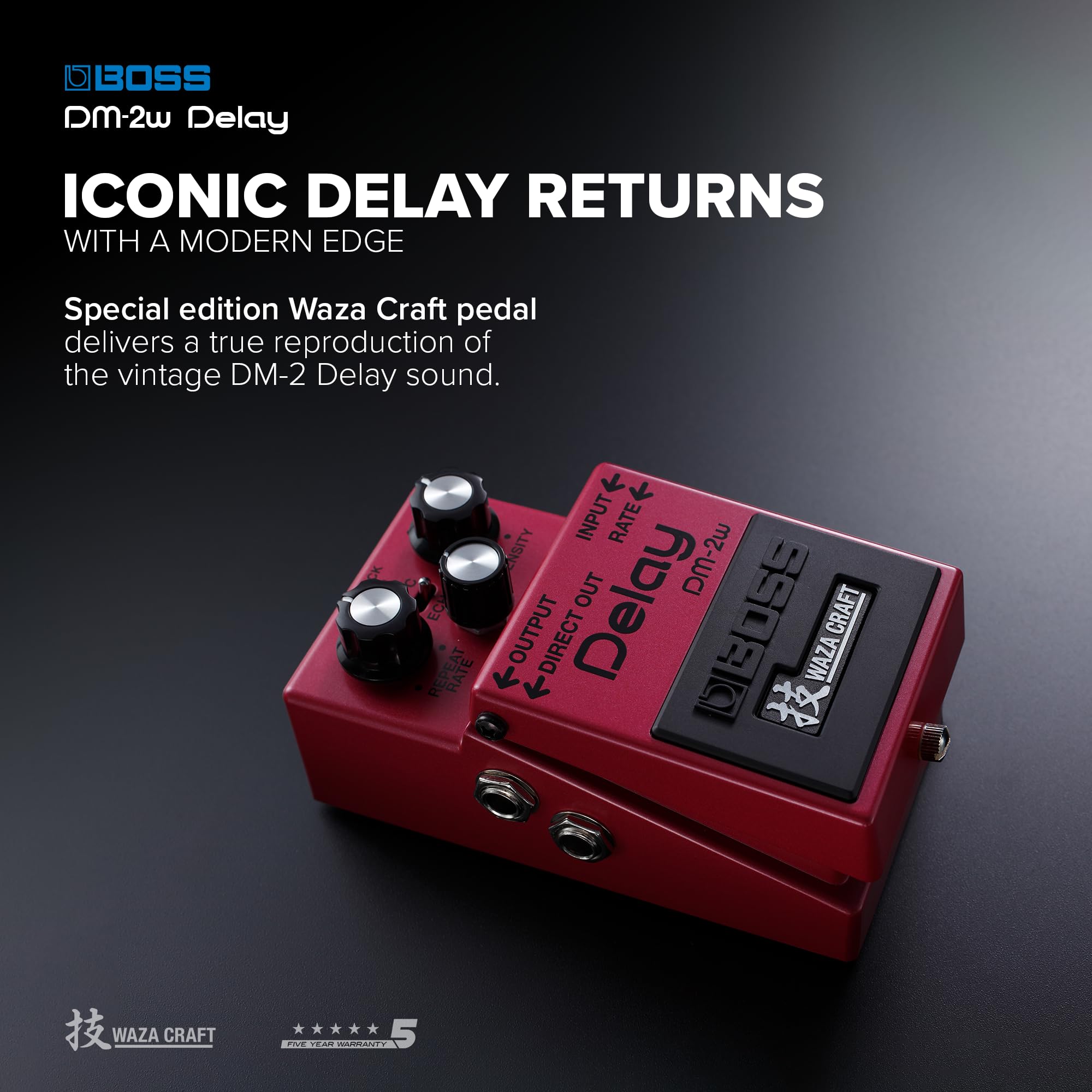 Boss DM-2W Waza Craft Analog Delay Guitar Effects Pedal - Vintage-Style Echo for Electric Guitar, Studio & Stage Use