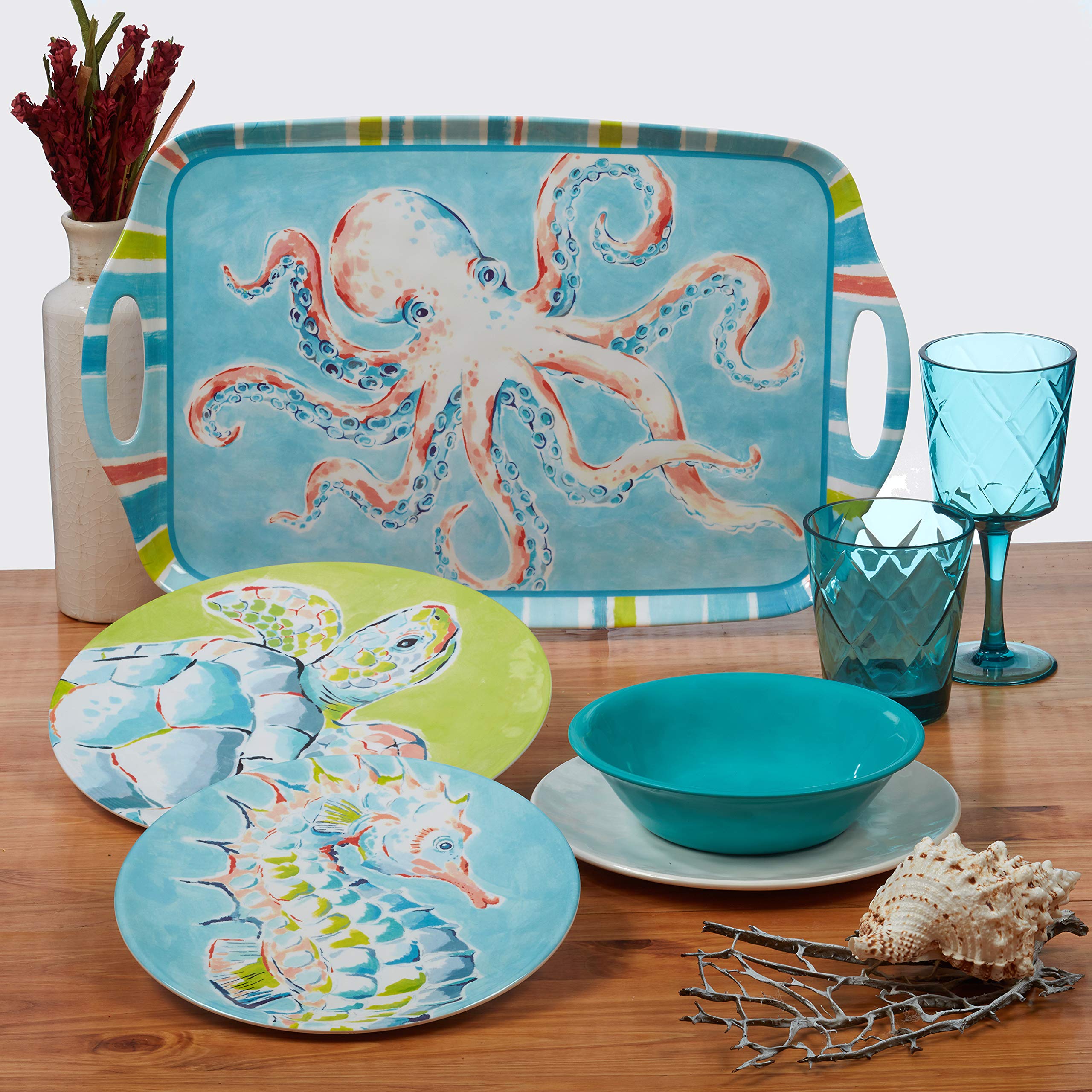 Certified International 12-Piece Melamine Dinnerware Set - Deep Sea Design, Service for 4, Durable & Shatterproof Plates & Bowls - Perfect for Outdoor Dining, Picnics, and Beach Parties