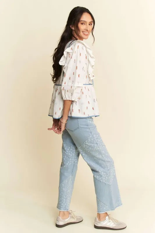 Women's Denim Binding Bodice Blouse - Stylish Vintage-Inspired Top for Casual Wear & Date Nights