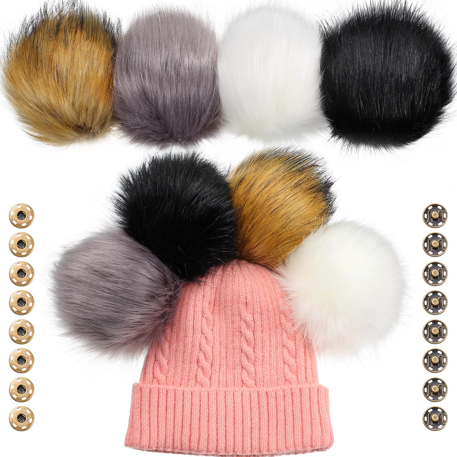8 Pcs 6 Inch Large Fluffy Faux Fur Pom Pom Balls for Hats - Snap Button Attachments for DIY Crafts, Winter Accessories (Black, Grey, Brown, White) - Perfect for Knit Hats, Scarves, Boots & Bag Charms