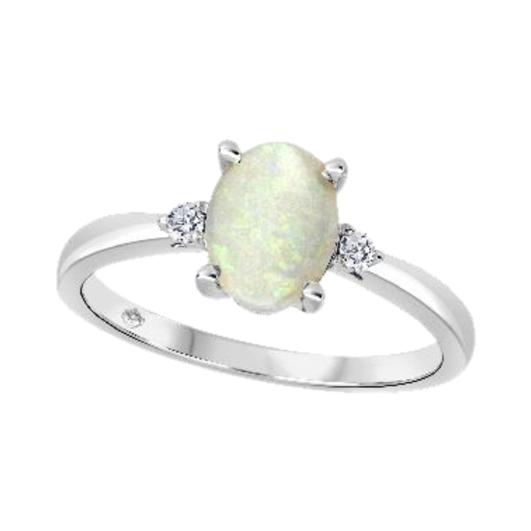 10K White Gold .05ctw Canadian Diamond & 8x6mm Oval Opal Ring - Elegant Birthstone Jewelry for Women, Perfect for Anniversary, Engagement, and Special Occasions