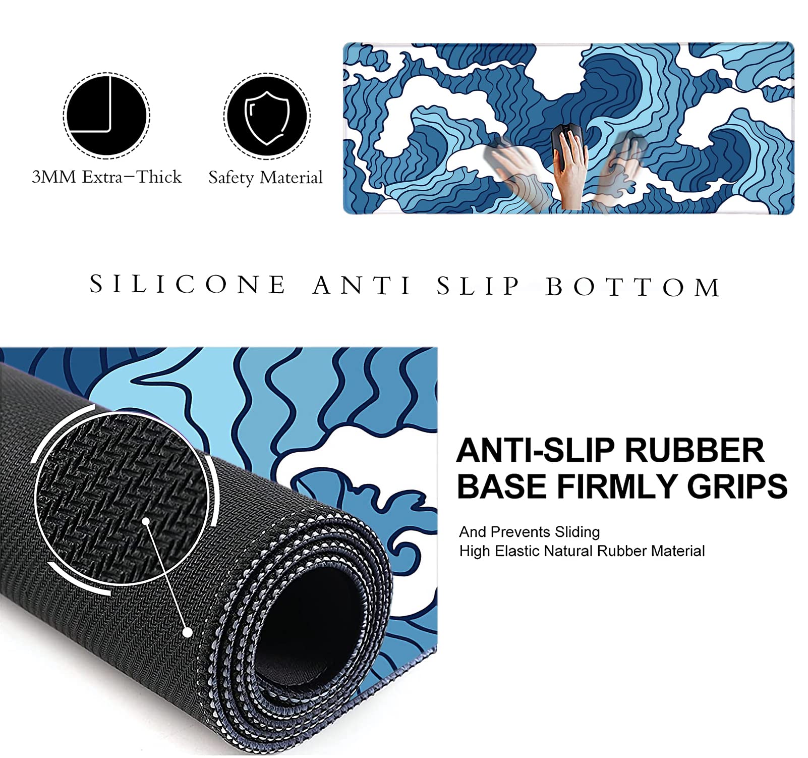 Japanese Blue and White Wave Design Large Mouse Pad - Non-Slip Rubber Base XL Gaming Mousepad - Extended Desk Mat with Stitched Edges for Office & Home Computer - Perfect for Work, Gaming, and Graphic Design - 31.5 x 11.8 Inches