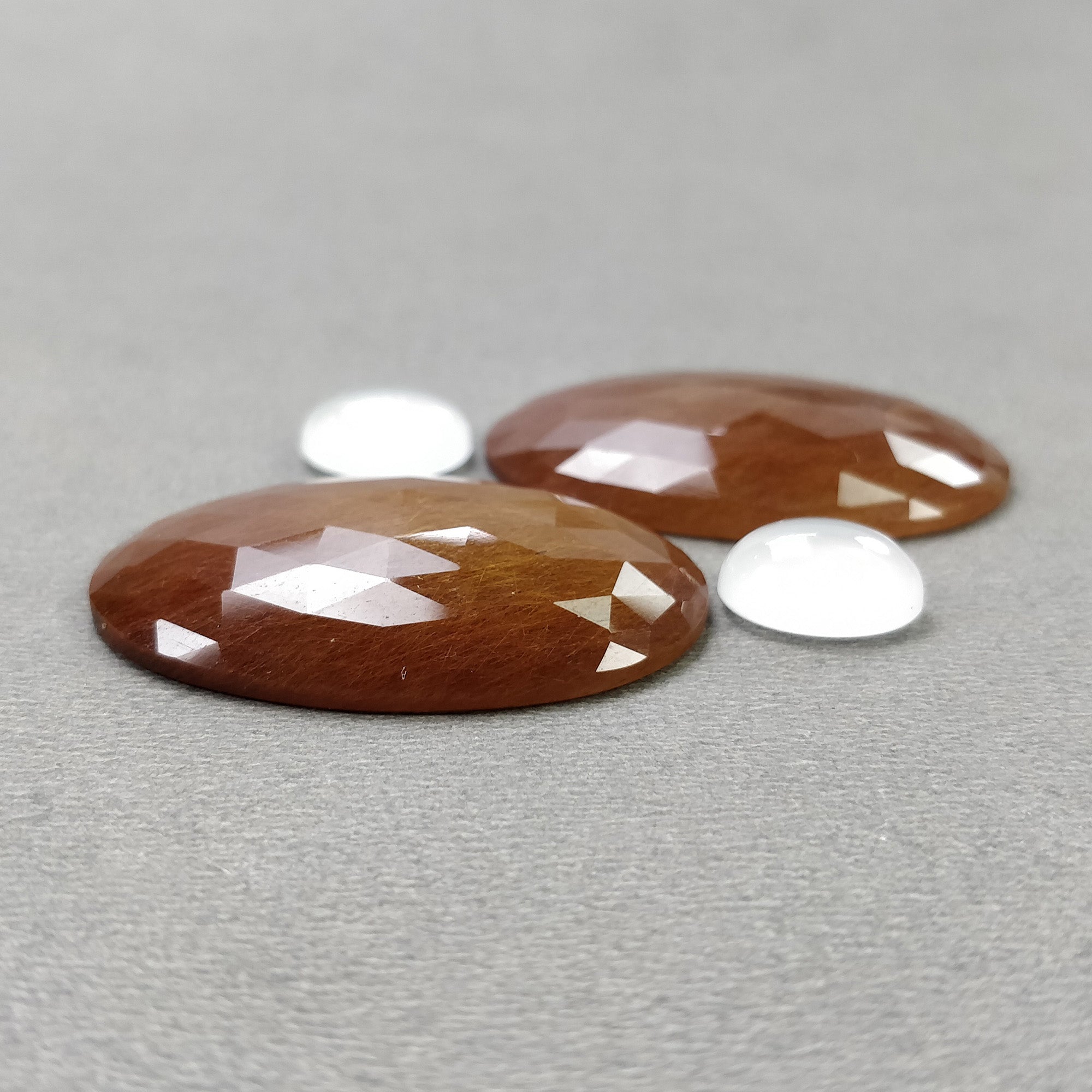 Natural Brown Rutile Quartz Moonstone Gemstone Cabochon & Rose Cut - 89.85cts Untreated Oval Shape (37x26mm) + 4pcs (12x10mm) for Jewelry Making, Healing Crystals & Spiritual Collection