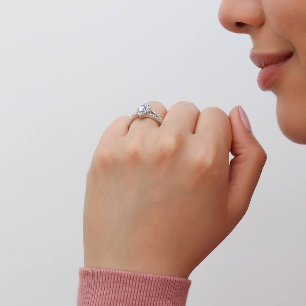 BERRICLE Sterling Silver Halo Wedding Engagement Ring Set for Women - Blue Pear Cut Cubic Zirconia CZ Wishbone Split Shank Ring, Rhodium Plated Size 4-10 | Elegant Bridal Jewelry, Anniversary Gift & Proposal Ring for Special Occasions