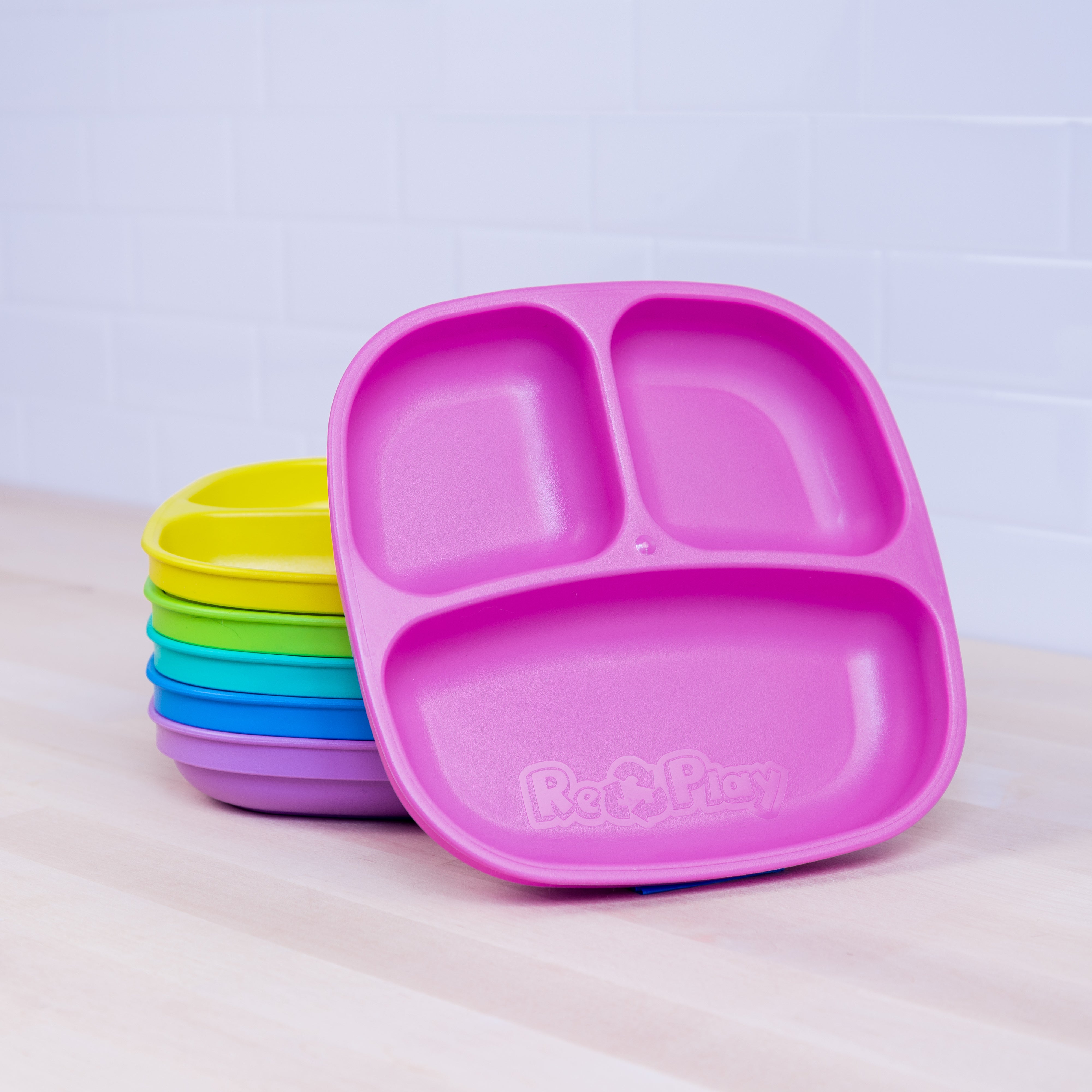 Re Play Divided Plate Pastel Rainbow Bundle - BPA-Free Kids Toddler Mealtime Essentials for Home, School & Travel - Perfect for Snacks, Lunches & Portion Control