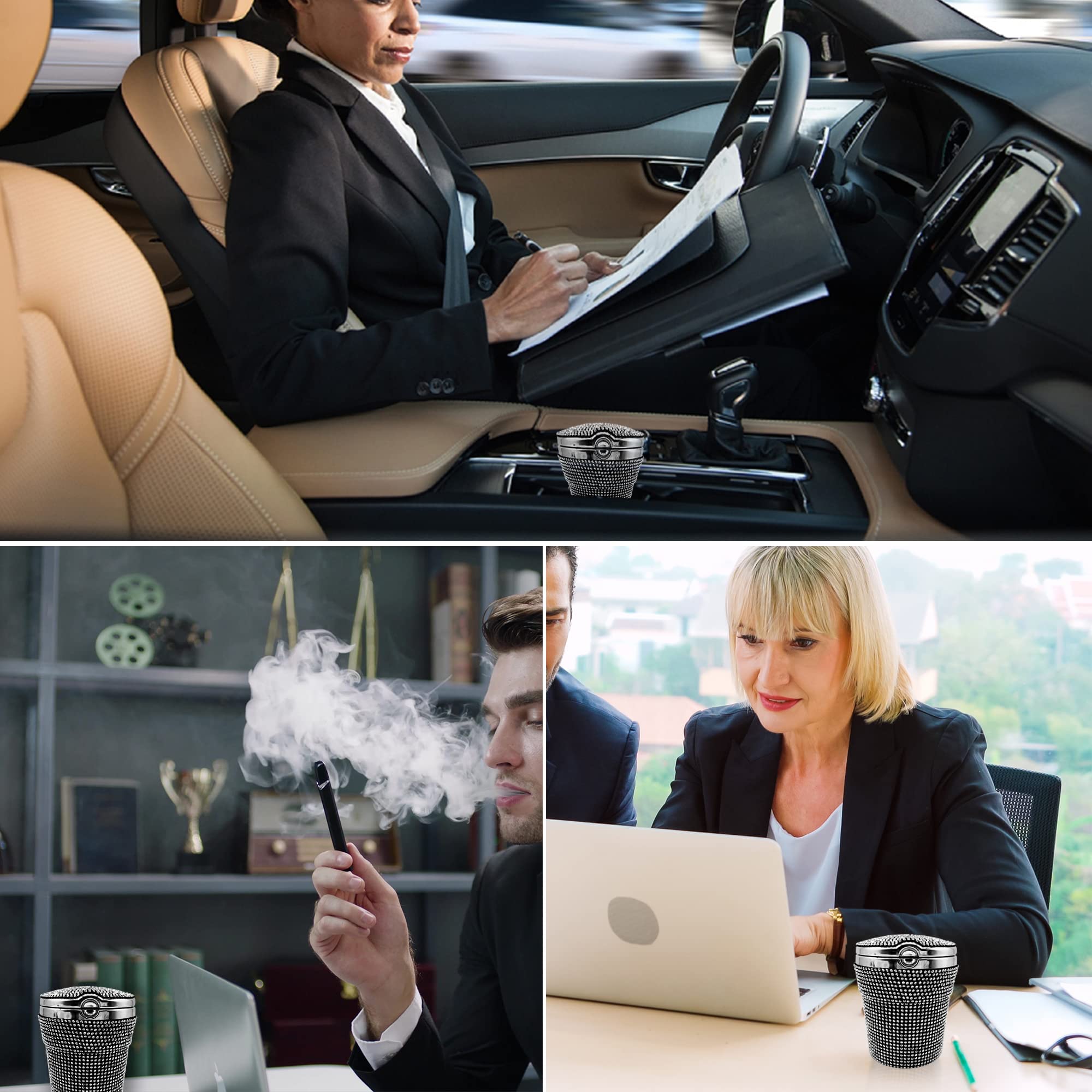 Stainless Steel Car Cigarette Ashtray with Lid & Blue LED Light - Smokeless Vehicle Cup Holder Ashtray for Car, Home, Office Use (Black) | Perfect for Road Trips, Commuting & Indoor Smoking Areas