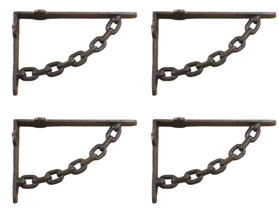 4 Pack Heavy Duty Cast Iron Rustic Chain Brackets - Decorative Shelf Brackets for Bookshelves, Floating Shelves & Wall Mounted Storage - Vintage Industrial Style Home Decor
