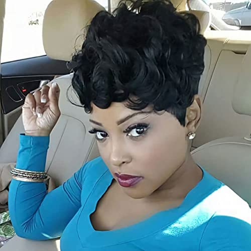 Flandi Short Black Curly Pixie Wigs for Women - Natural Wavy Synthetic Hair Wig for Black Women | Perfect for Cosplay, Daily Wear & Special Occasions