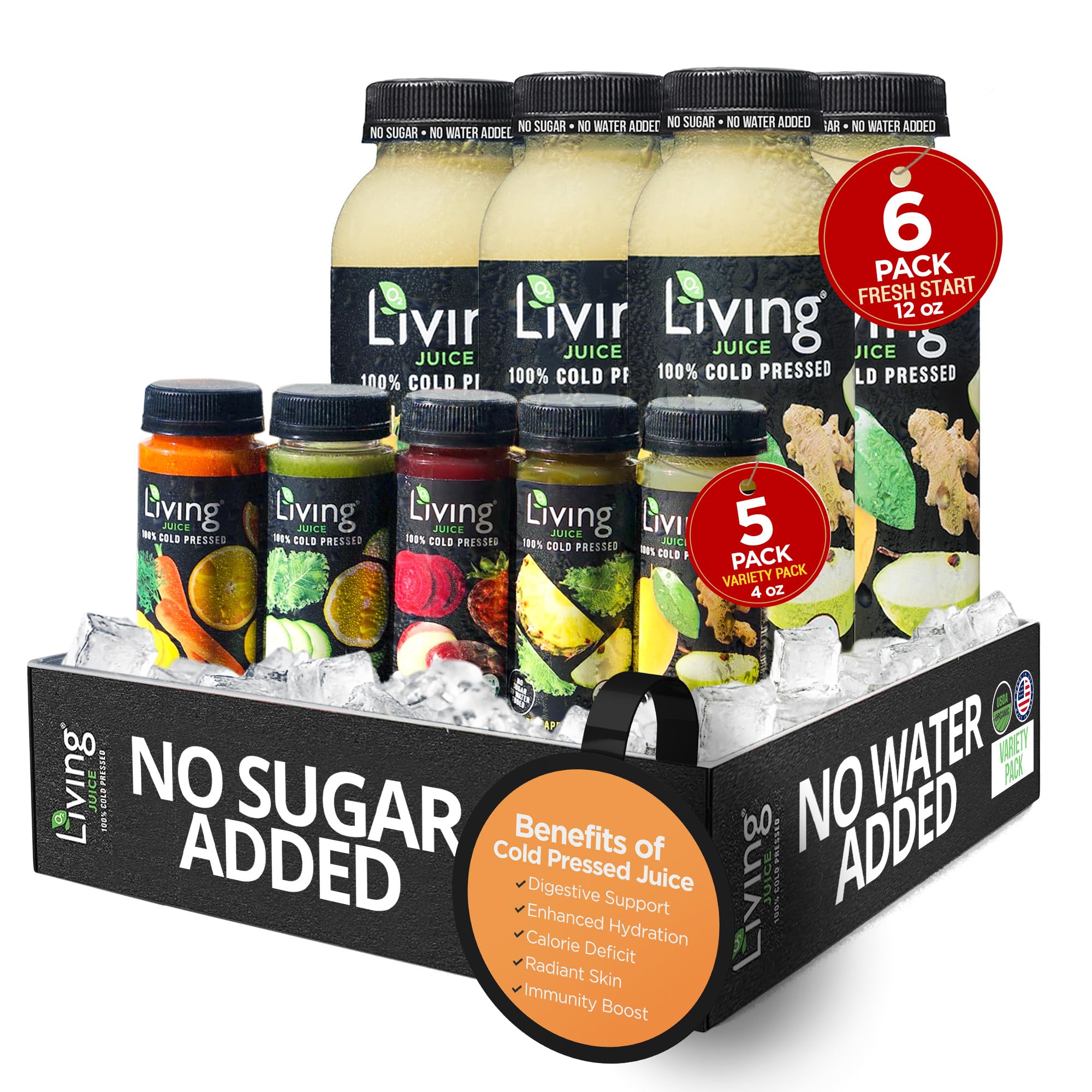 O2 Living Cold Pressed Juice 6-Pack (12oz) + 5-Pack (4oz) - Low Calorie Detox Drink with Fresh Fruits & Vegetables | Vitamin-Rich Immunity Booster | Healthy Beverage for Weight Loss, Cleanse & Energy Boost | Perfect for Breakfast, Post-Workout or On-the-Go Hydration