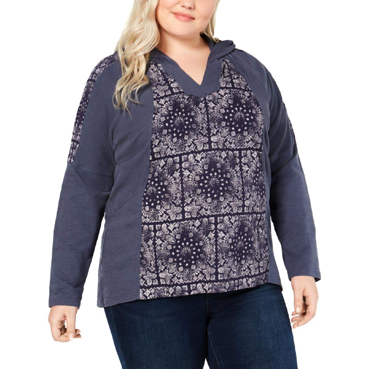 Style & Co. Women's Plus Size V-Neck Paisley Waffle Knit Hoodie Sweatshirt - Blue 3X | Casual Loungewear, Fall Fashion, Comfortable Outerwear