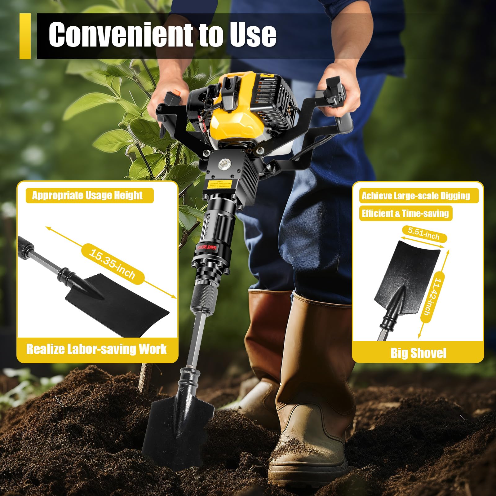 52cc 2-Stroke Gas Powered Handheld Planting Shovel Drill - Portable Single Cylinder Garden Tree Digger & Excavator for Farm, Home & Landscaping | Ideal for Digging Holes, Planting Trees & Garden Maintenance