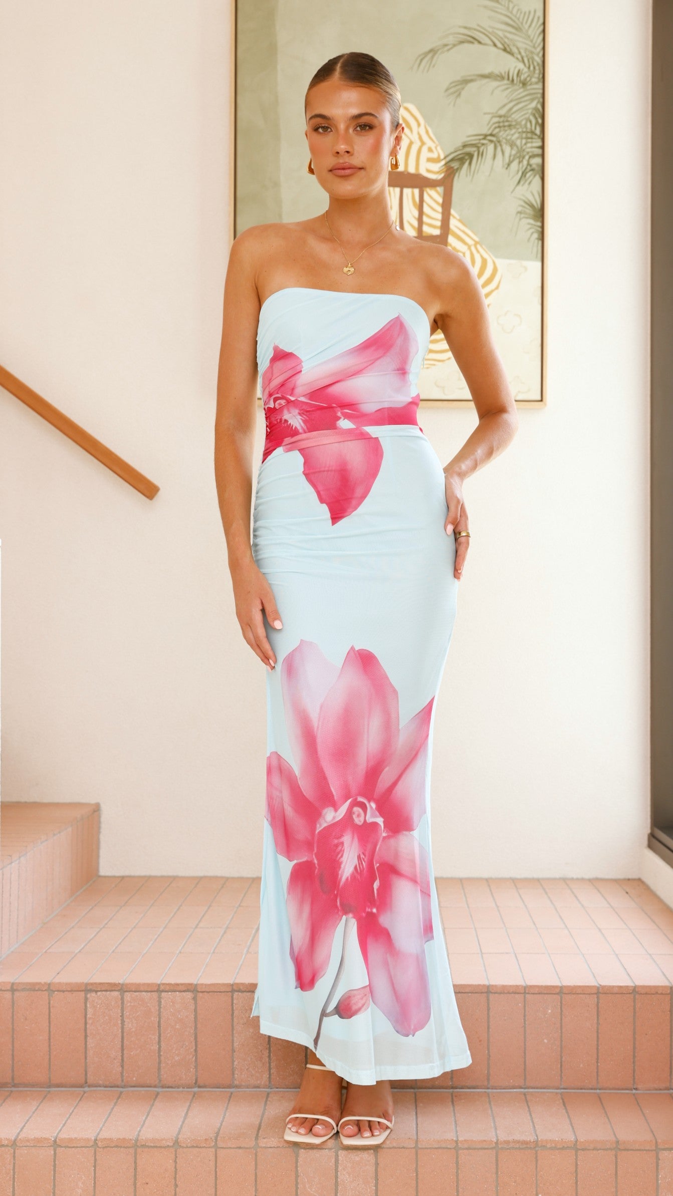 Brittani Strapless Maxi Dress for Women - Flowy Summer Beach Dress in Blue & Pink | Perfect for Beach Vacations, Weddings & Date Nights