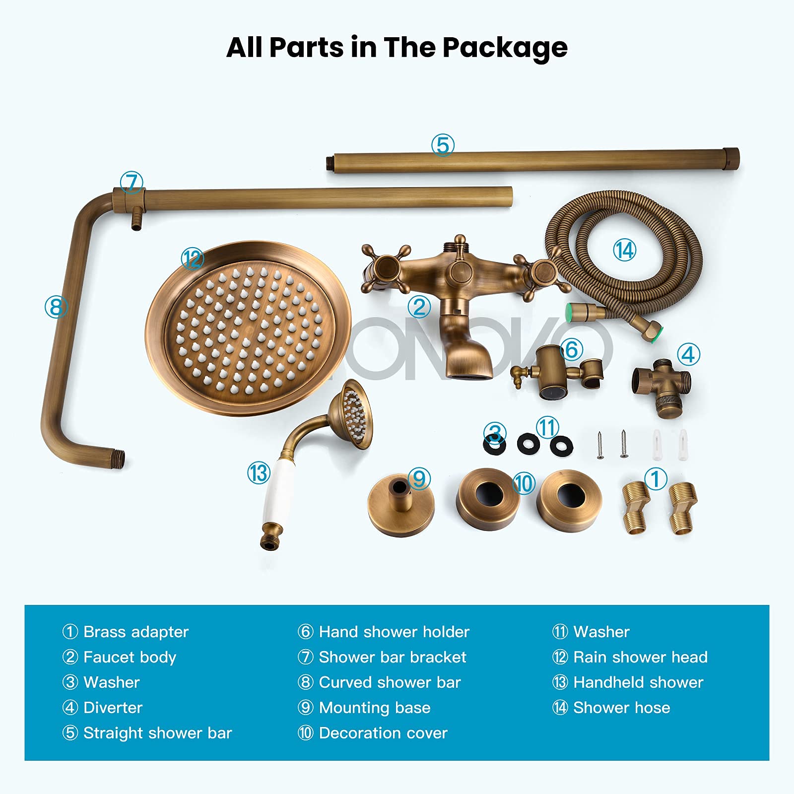 Gotonovo 8 Inch Rainfall Shower System - Antique Brass Exposed Shower Faucet with Tub Spout, Handheld Spray & Double Cross Handles for Bathroom & Outdoor Use - Perfect for Modern Homes, Spa Retreats and Poolside Showers