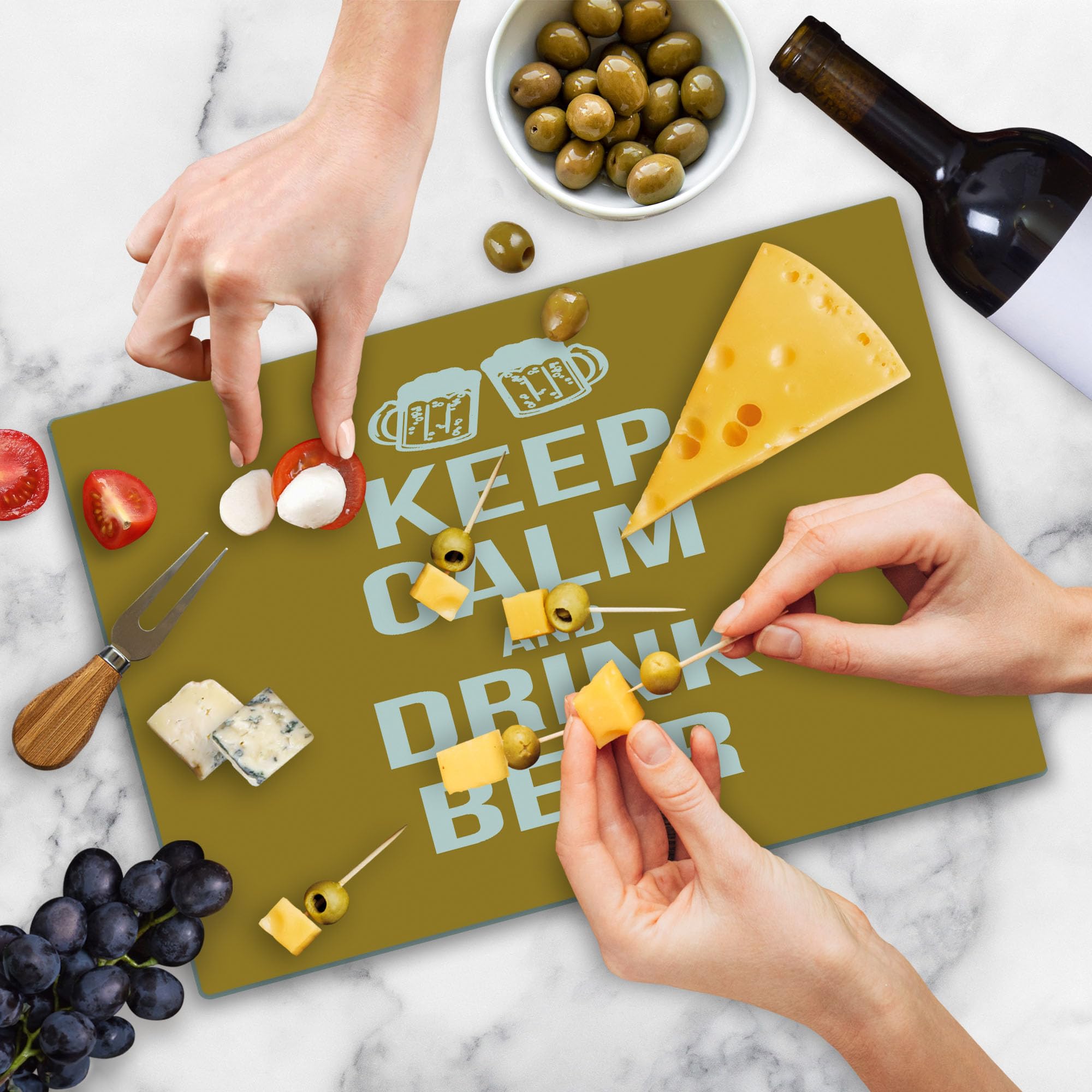 Ambesonne Keep Calm Cutting Board - Drink Beer Themed Tempered Glass Serving Board with Fun Pub Print, Large Amber White - Perfect for Home Bars, Kitchen Decor & Entertaining Guests
