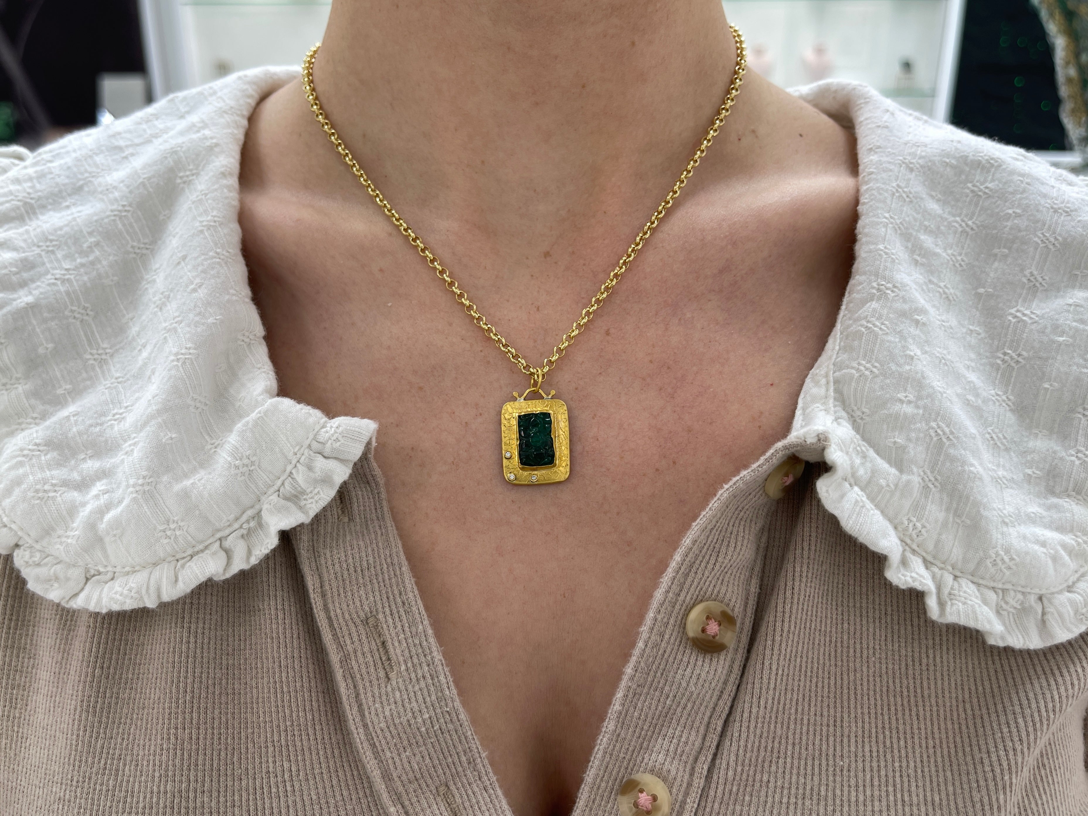 6.35 Carat Floral Hand-Carved Emerald & Diamond 24K Gold Pendant Necklace for Women | Elegant Jewelry Gift for Anniversary, Wedding & Special Occasions