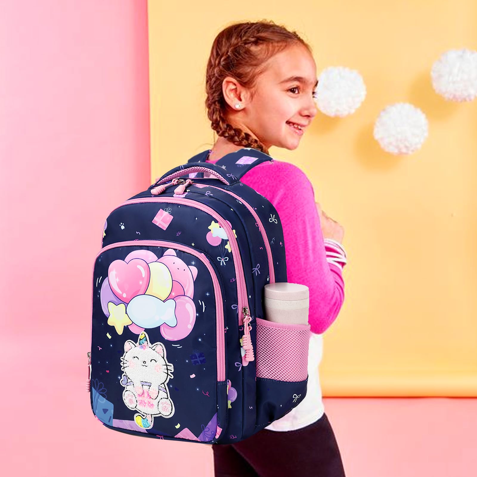 Unicorn Cat Print Backpack for Girls - Lightweight Water Resistant School Backpack with Lunch Box | Cute Elementary Bookbag for Kids, Travel & Daily Use