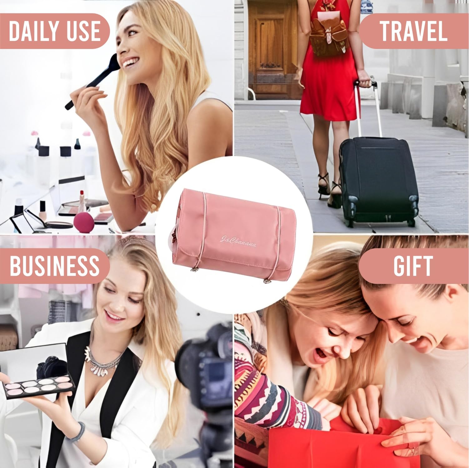 Large Capacity 4-in-1 Cosmetic Mesh Bag | Makeup Organizer & Toiletry Pouch for Women & Men | Portable Travel Makeup Bag | Waterproof Cosmetic Storage (Pink) - Perfect for Travel, Gym, Daily Use & Makeup Essentials Organization