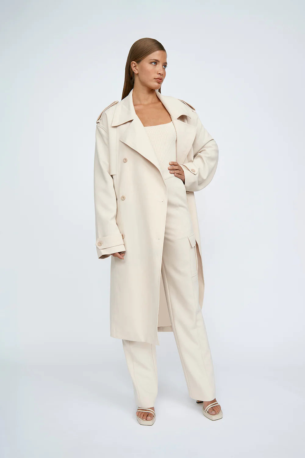 Blair Belted Trench Coat for Women - Classic Sand Color Long Coat with Belt - Perfect for Office, Fall Fashion & Rainy Days