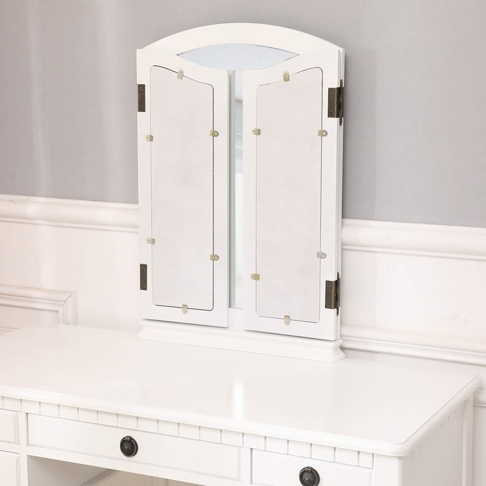 White Vanity Set with Stool - 5-Drawer Dressing Table & Tri-Folding Mirror Makeup Desk for Bedroom, Cushioned Stool Included (Adult Size) | Perfect for Cosmetics Organization, Beauty Routine & Home Decor