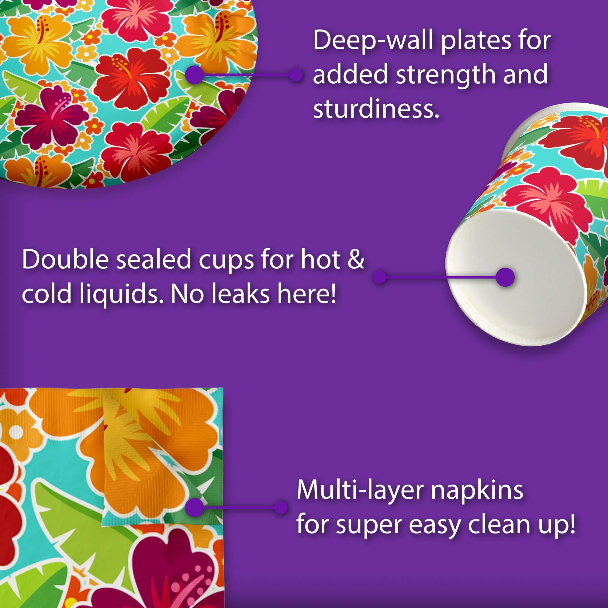 Hawaiian Hibiscus Flower Birthday Party Supplies Set - 16-Piece Tableware Kit with Plates, Napkins & Cups - Perfect for Luau, Tropical & Beach Themed Parties