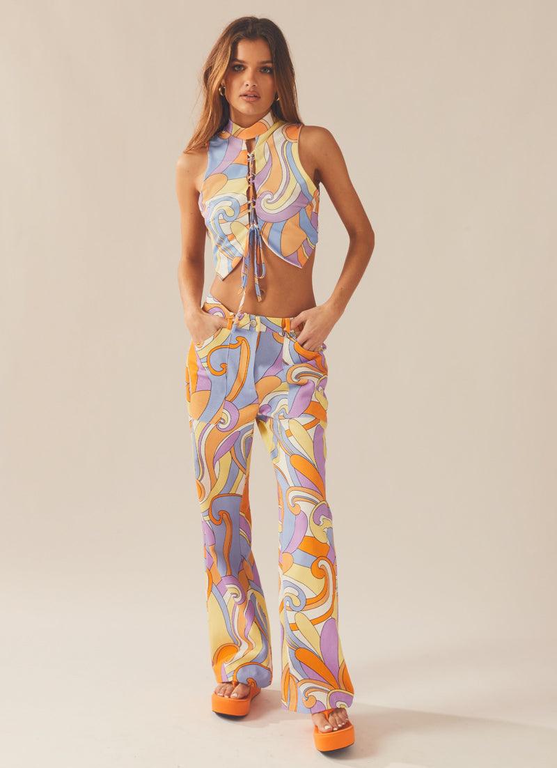 Evie Pants - Vintage Retro Swirl Print High Waisted Flare Pants for Women | 70s Inspired Hippie Boho Fashion | Perfect for Music Festivals, Parties & Casual Wear