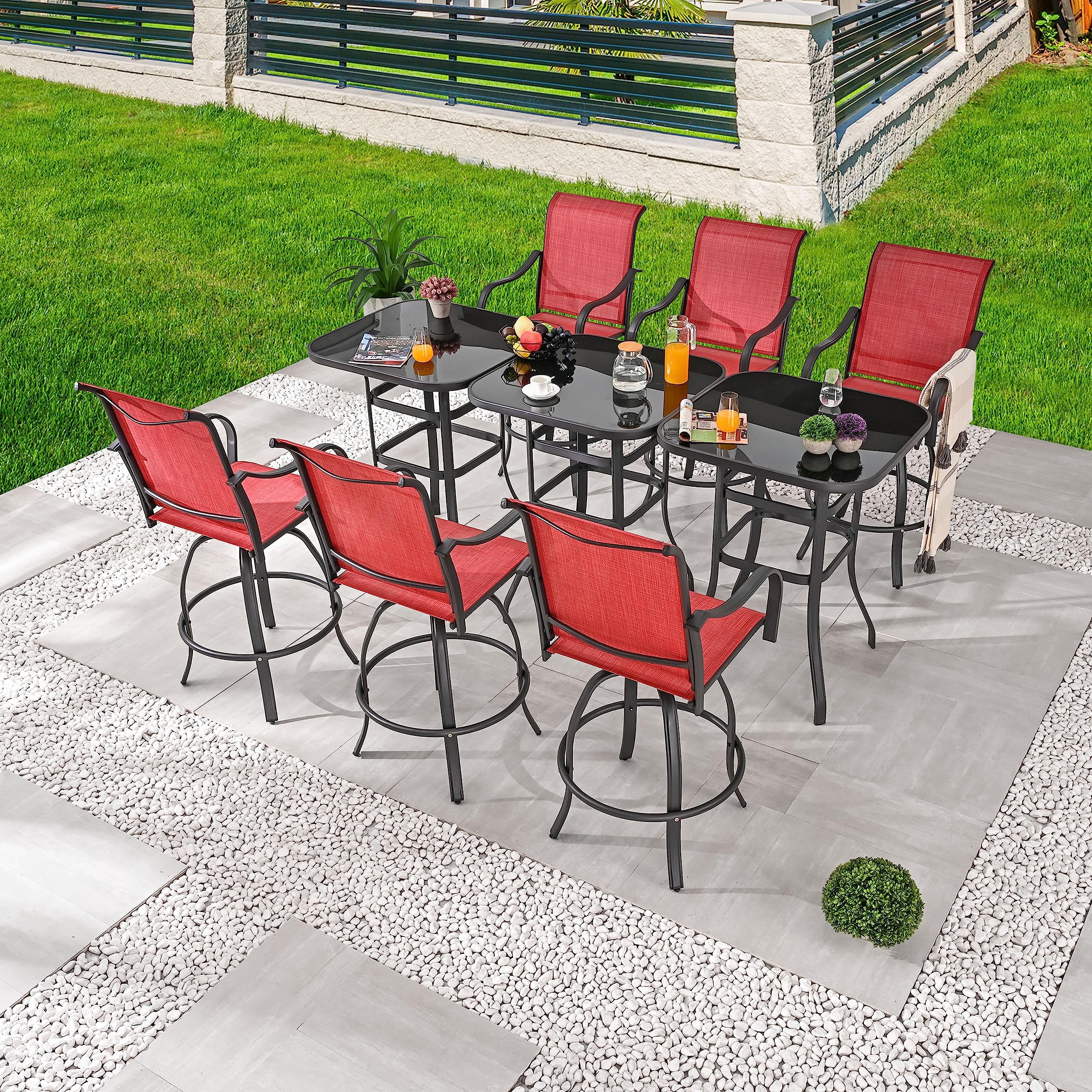 9-Piece Outdoor Patio Swivel Bar Stool Set with 3 Glass Top Tables - All-Weather Bistro Height Dining Chairs for Backyard, Poolside & Restaurant Use (Red) - PatioFestival Durable Patio Furniture