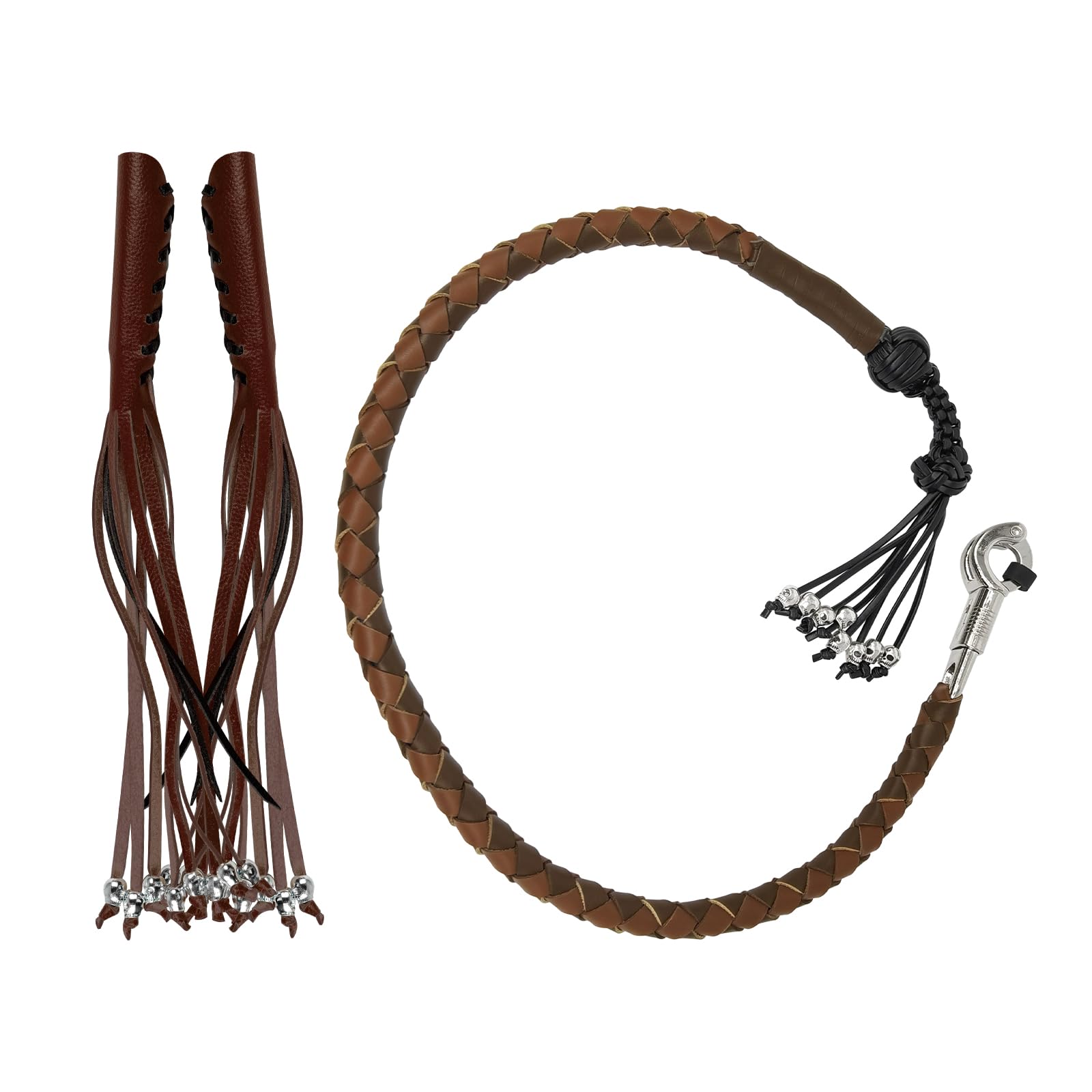 2-Pack Motorcycle Get Back Whips with Tassels & Skull Beads - PU Leather Handlebar Whip & Lever Cover Set for Harley, Chopper, Cruiser - Riding Safety Accessories for Bikers