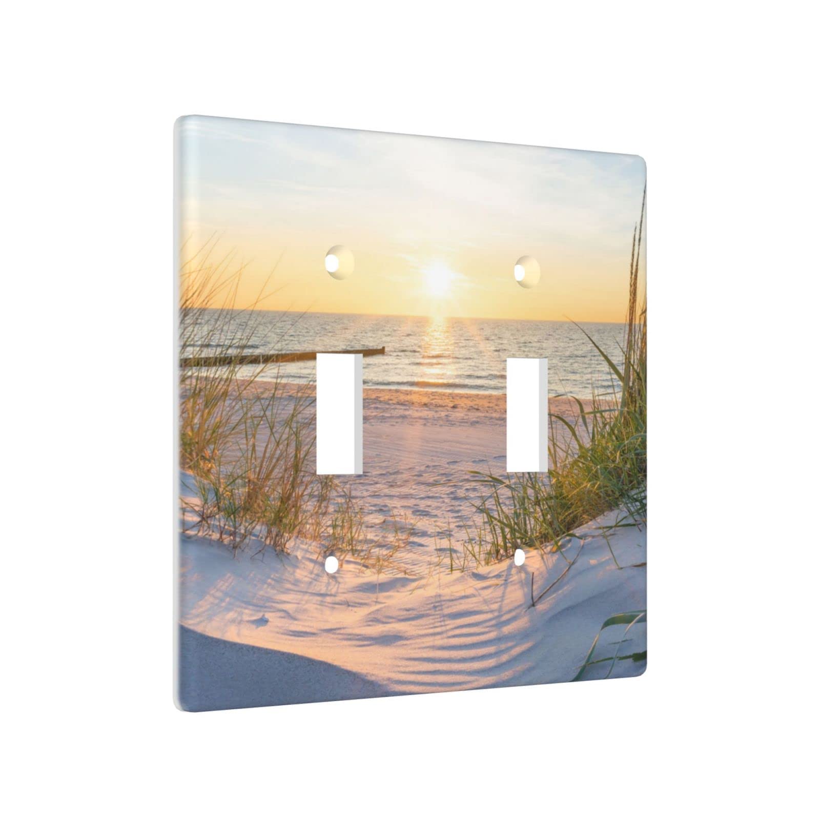 Ocean Beach Themed 2 Gang Light Switch Cover - Decorative Double Toggle Wall Plate, Standard Size Faceplate for Home & Office Decor - Perfect for Coastal, Beach House, and Nautical Theme Rooms