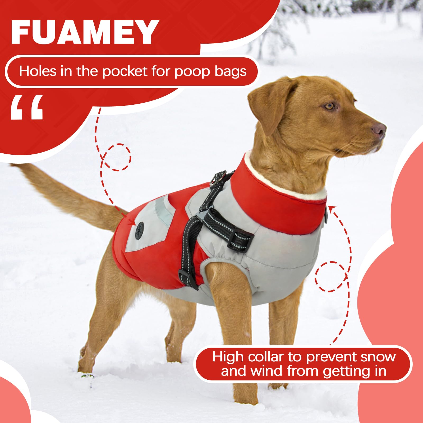 FUAMEY Waterproof Dog Jacket with Built-in Harness - Winter Coat with Back Zipper & Poop Bag Pockets - Reflective Snowsuit Vest for Medium Dogs (Red, Size M) - Perfect for Outdoor Walks, Hiking & Cold Weather Protection