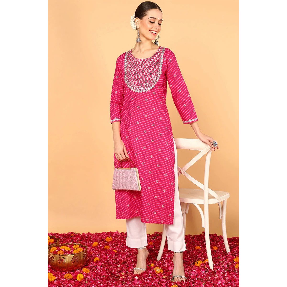 Pink Cotton Leheriya Printed Straight Kurta for Women – Comfortable Indian Ethnic Wear for Festivals, Parties & Casual Outings