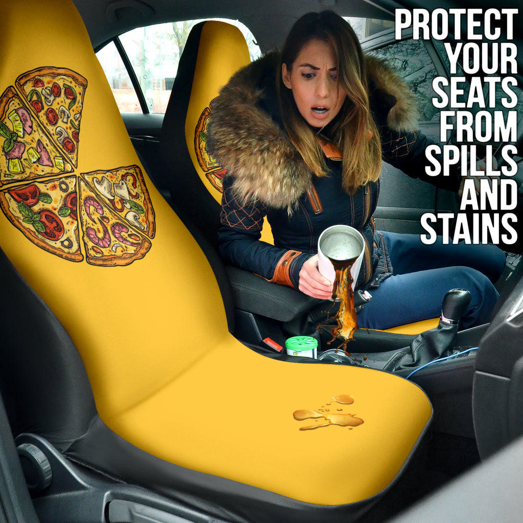 Stylish Pizza Pattern Yellow Background Car Seat Covers - Waterproof & Non-Slip (Style 210102) - Perfect for Cars, Trucks & SUVs - Fun Food-Themed Auto Accessories