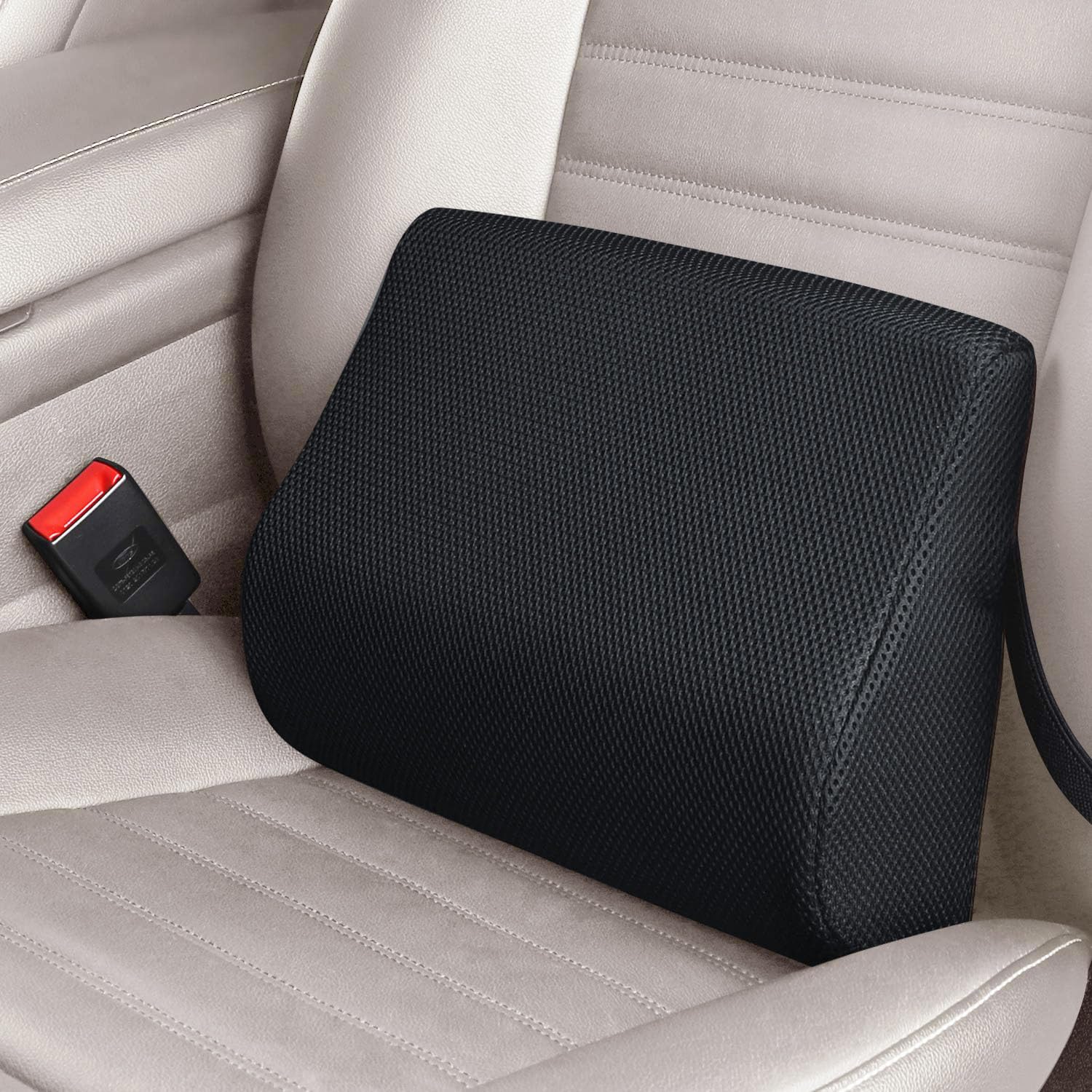 LARROUS 100% Memory Foam Lumbar Support Pillow for Back Pain Relief - Adjustable Strap for Car Seat, Office Chair, Desk & Wheelchair - Ergonomic Posture Corrector for Driving, Working & Sitting Comfort (Black)