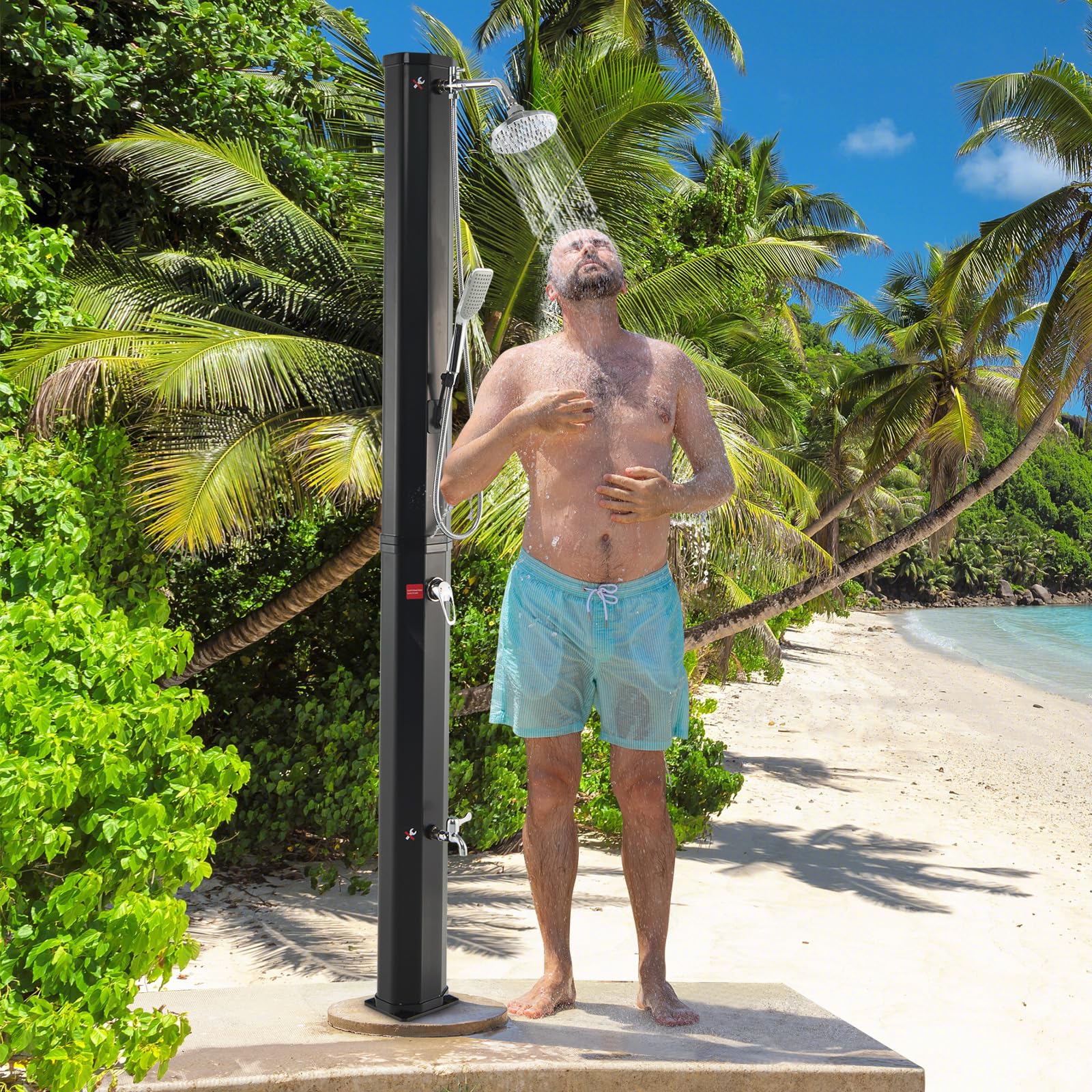 Goplus 9.3 Gallon Solar Heated Outdoor Shower - 7.2 FT Freestanding Garden Shower with 360° Swivel Shower Head, Foot Shower & Temperature Adjustment - Perfect for Poolside, Backyard, Beach & Camping (Black with Handle Head)