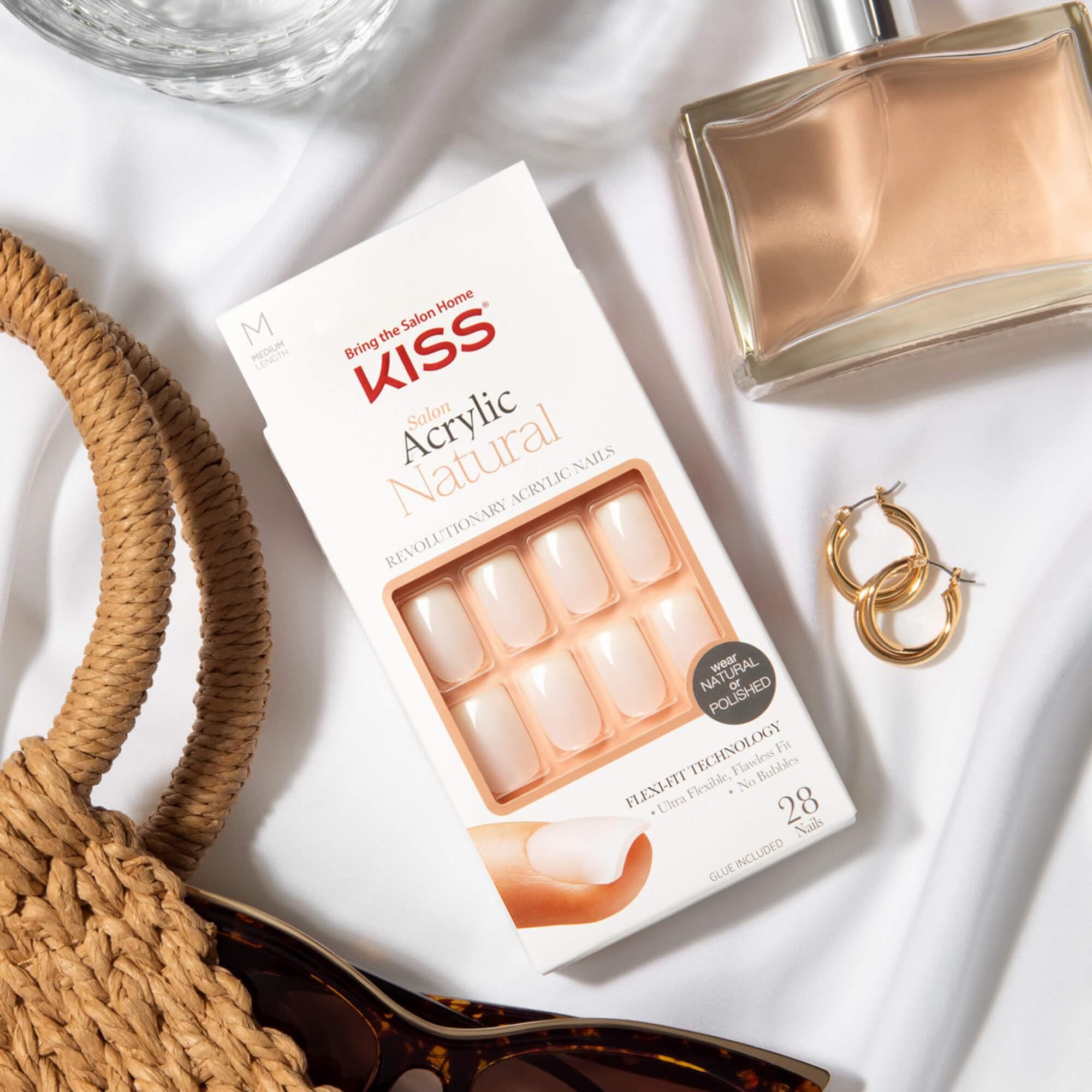 KISS Salon Acrylic Natural Nails - Euphoria Style Medium Length Fake Nails with Ultra-Smooth Finish | DIY At-Home Manicure Kit Includes Pink Gel Nail Glue, Mini File, Manicure Stick & 28 Nails in 14 Sizes | Perfect for Parties, Weddings, Date Nights & Special Occasions
