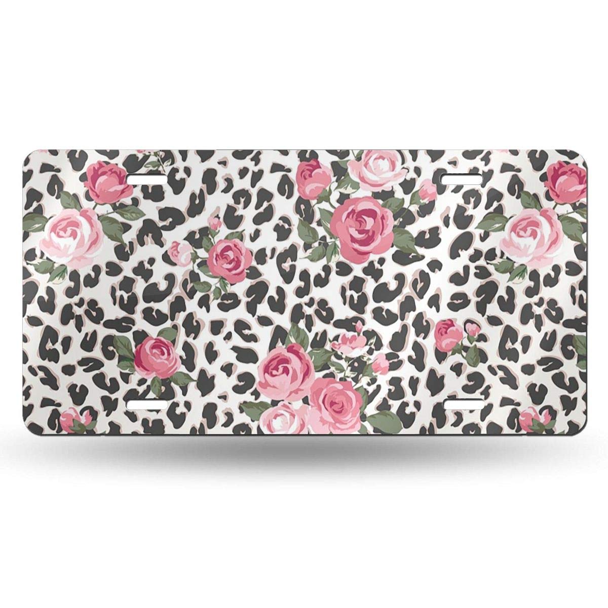 Kiuloam Pink Rose Flower Leopard Cheetah Print 12x6 Inch Aluminum License Plate Cover - Decorative Novelty Car Front Vanity Tag for Women & Girls - Perfect for Customizing Vehicles, Gifts, and Personalizing Your Ride