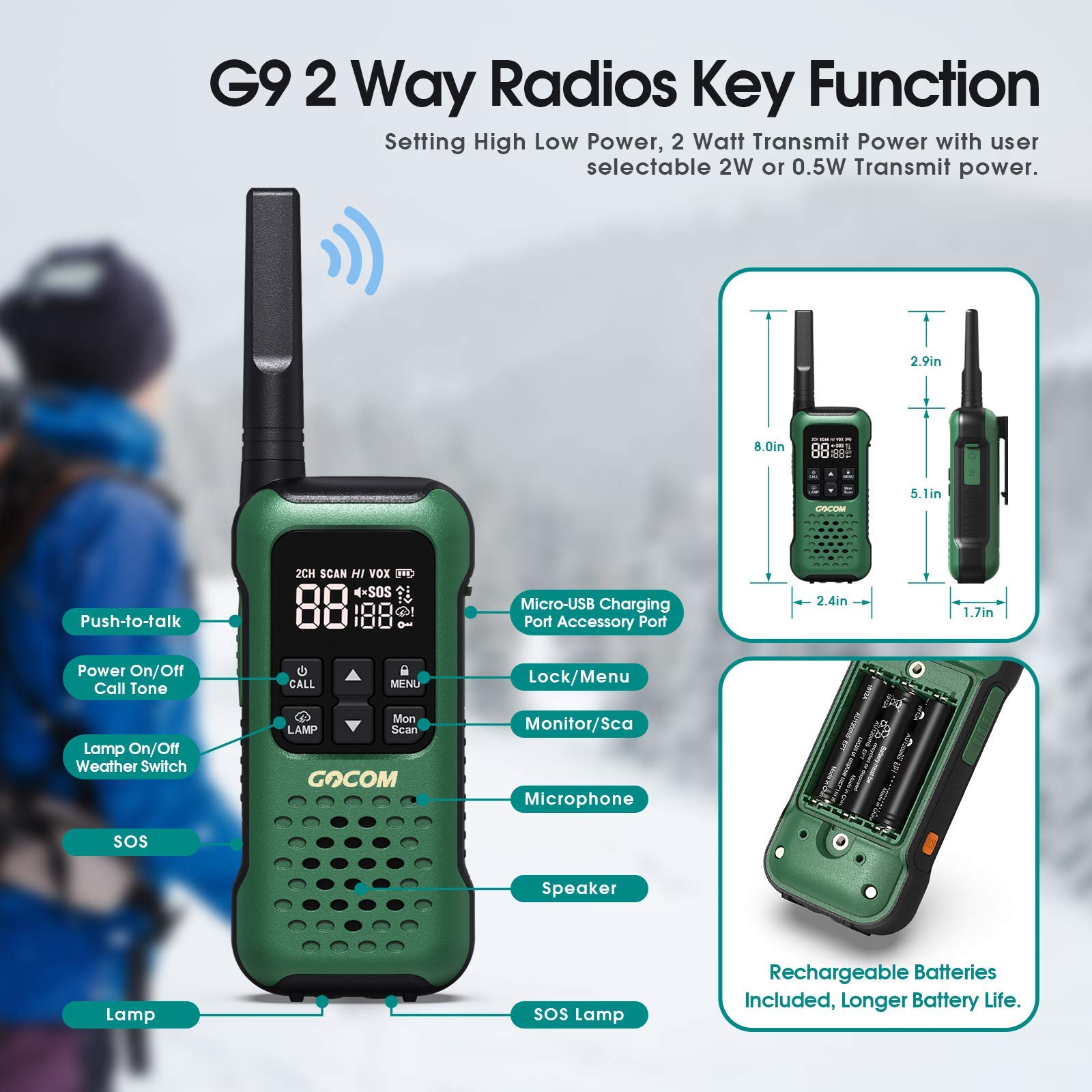 G9 Waterproof Walkie Talkies for Adults - Long Range 2 Way Radios with NOAA Weather Alert, SOS, Flashlight & Rechargeable Battery - Floating Portable Two Way Radios for Hiking, Camping, Hunting & Outdoor Adventures (4 Pack)