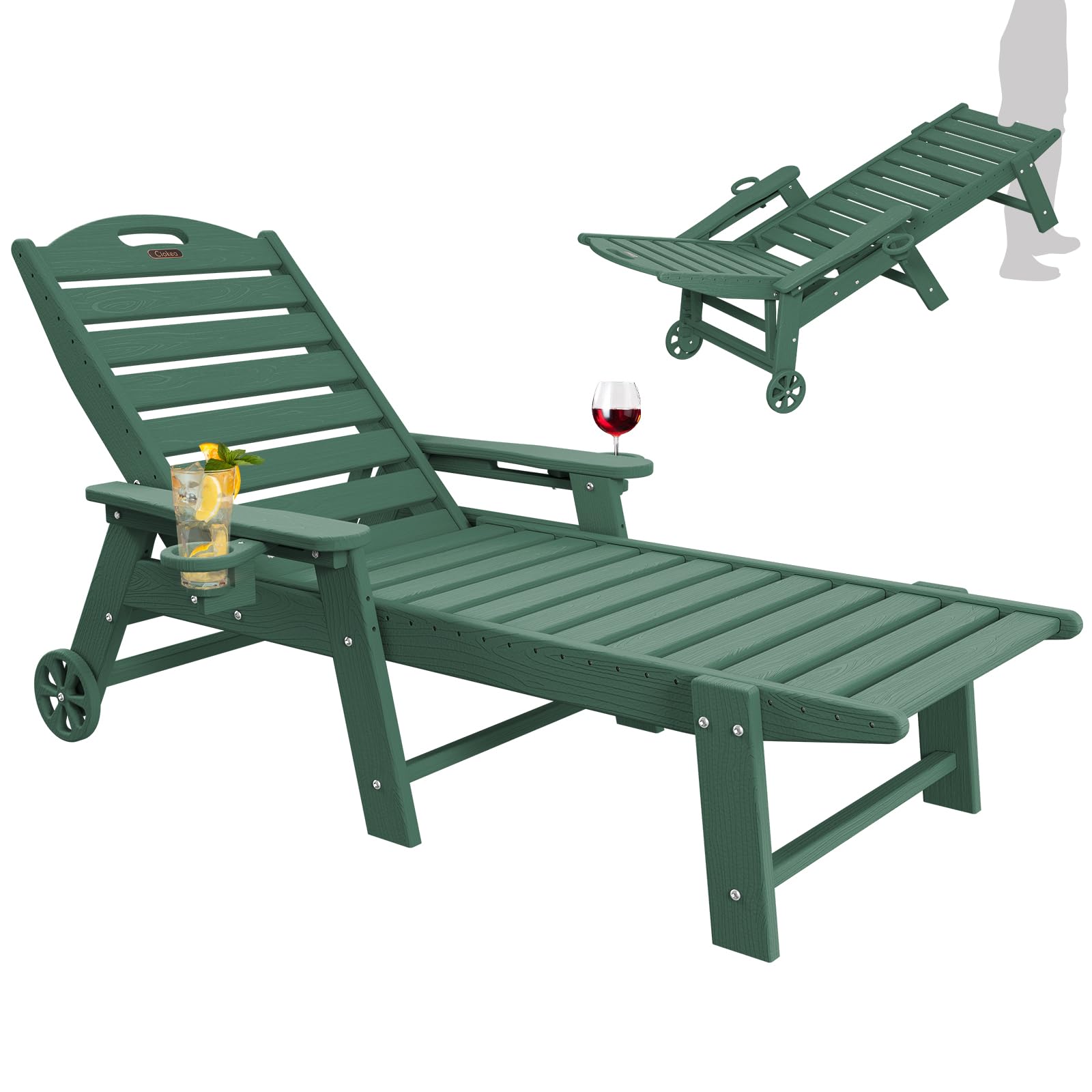 5-Position Adjustable Outdoor Chaise Lounge Chair with Wheels & Double Cup Holders - Wood Texture Patio Poolside Lounge for Backyard, Garden, Beach - Comfortable Sunbathing & Relaxation Furniture (Green)