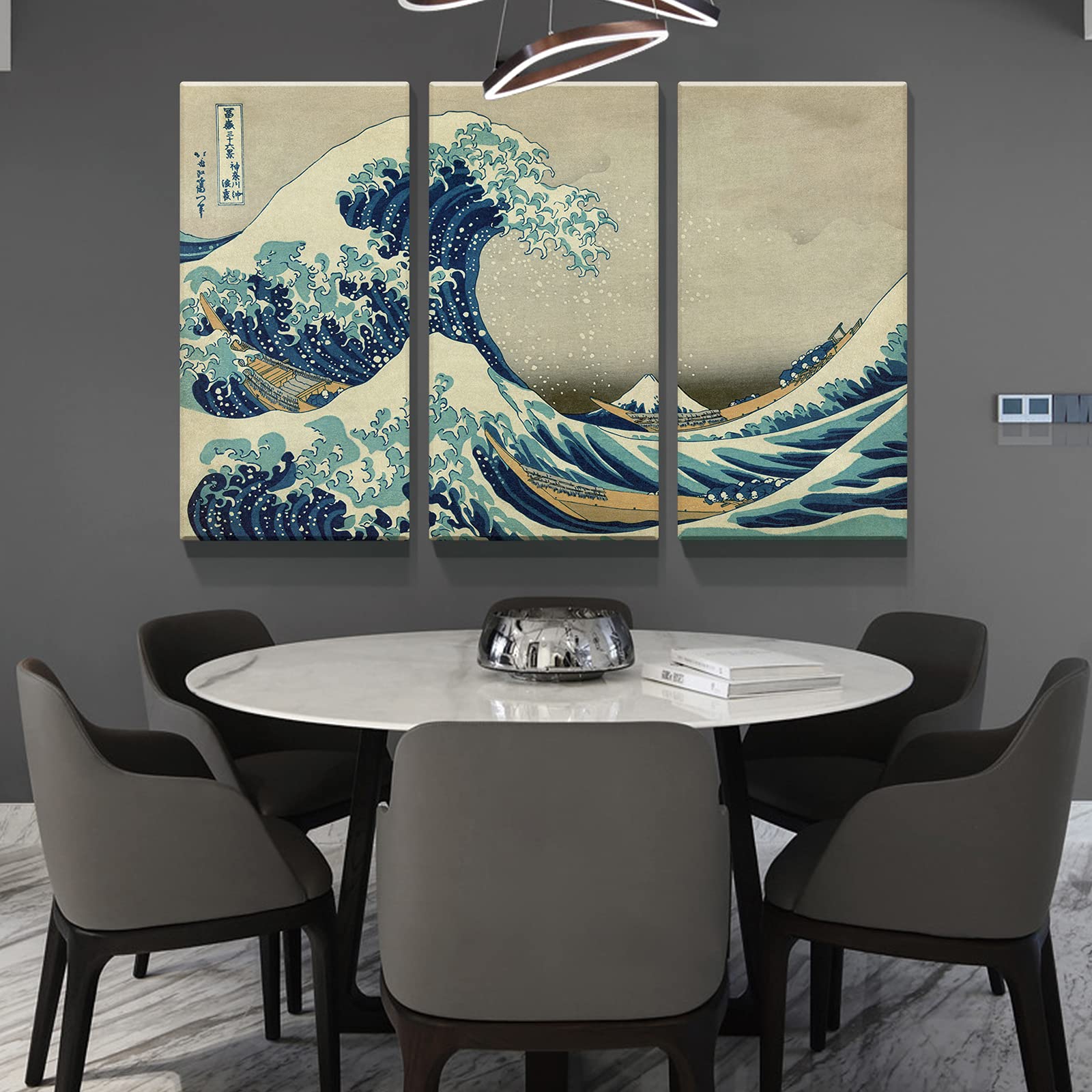 Denozer - 3 Piece Canvas Wall Art - The Great Wave Off Kanagawa Oil Painting Reproduction Giclee Print - Stretched and Framed Ready to Hang - 24