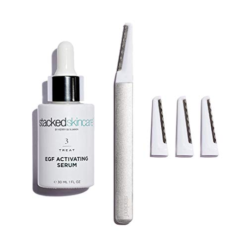 StackedSkincare EGF Activating Serum & Dermaplaning Face Exfoliator Kit with 3 Replacement Blades - Anti-Aging Skincare Set for Smooth, Glowing Skin - Perfect for Daily Beauty Routine & Spa Night Self-Care