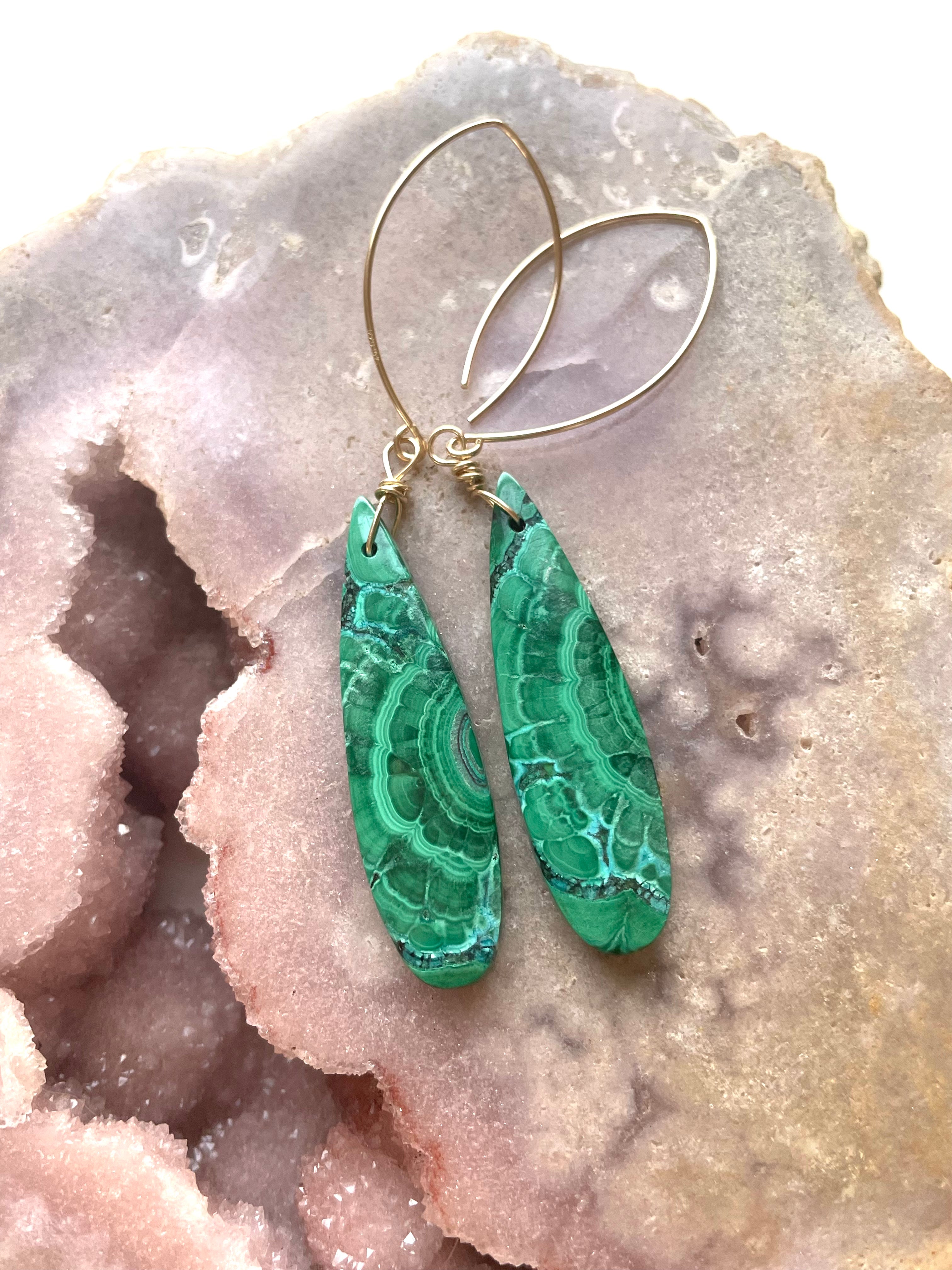 14K Gold Filled Malachite Crystal Dangle Earrings - Elegant Green Gemstone Jewelry for Women, Gift for Her, Perfect for Parties & Special Occasions